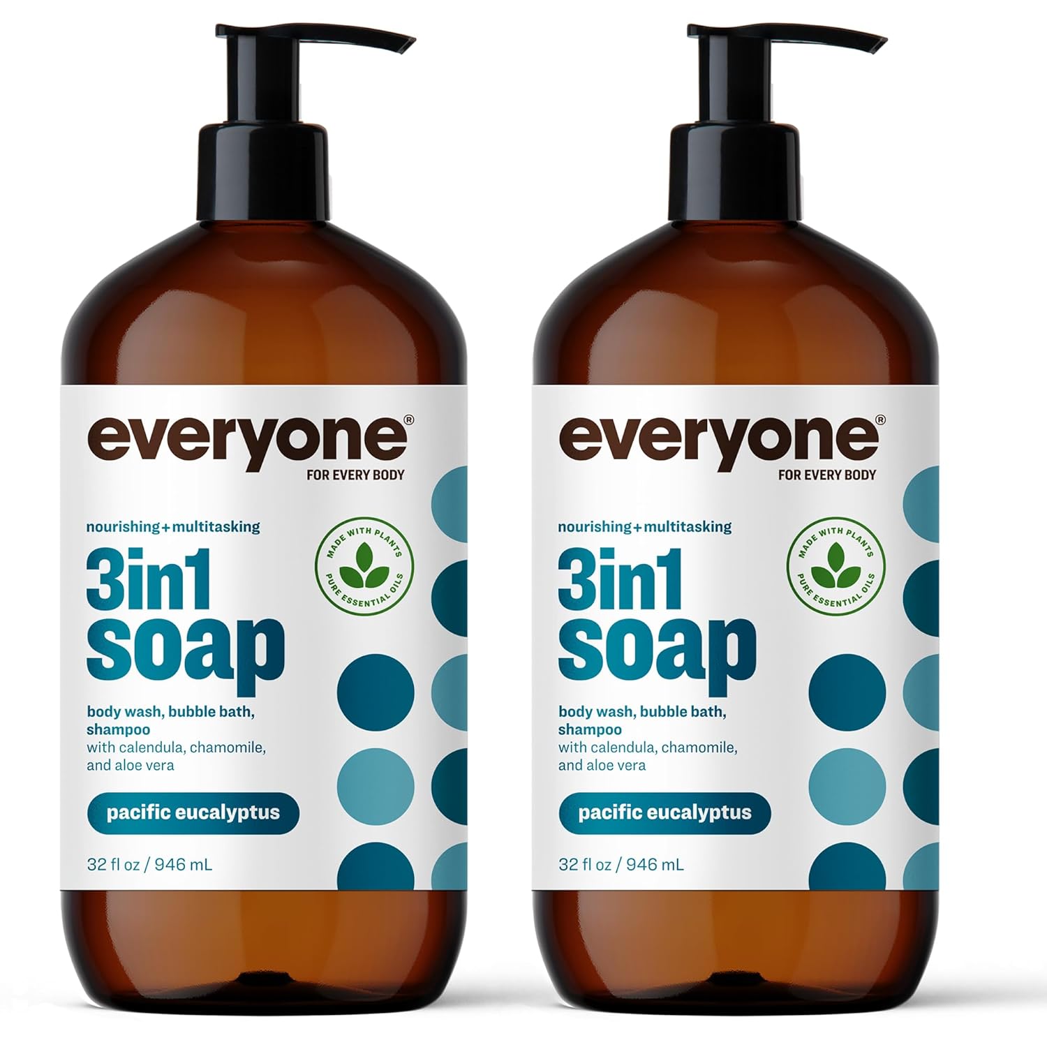 Everyone 3-in-1 Soap, Body Wash, Bubble Bath, Shampoo, 32 Ounce (Pack of 2), Pacific Eucalyptus, made with Essential Oils for Men and Women