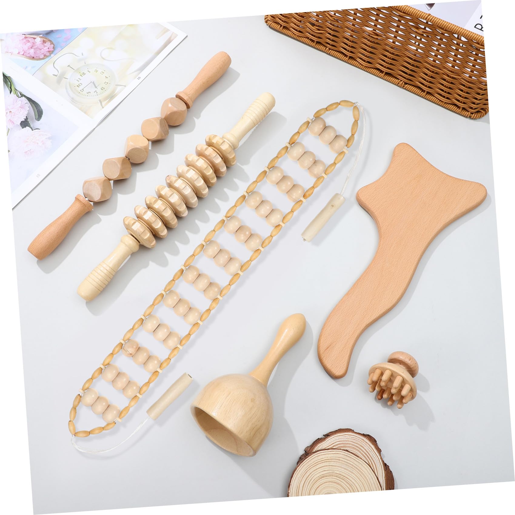 Beaupretty Rodillo Masajeador Anticelulitis Kit Masaje de Madera 6 Piezas, Maderoterapia Corporal para Aliviar Fatiga y Promover Circulación, Uso en Oficina