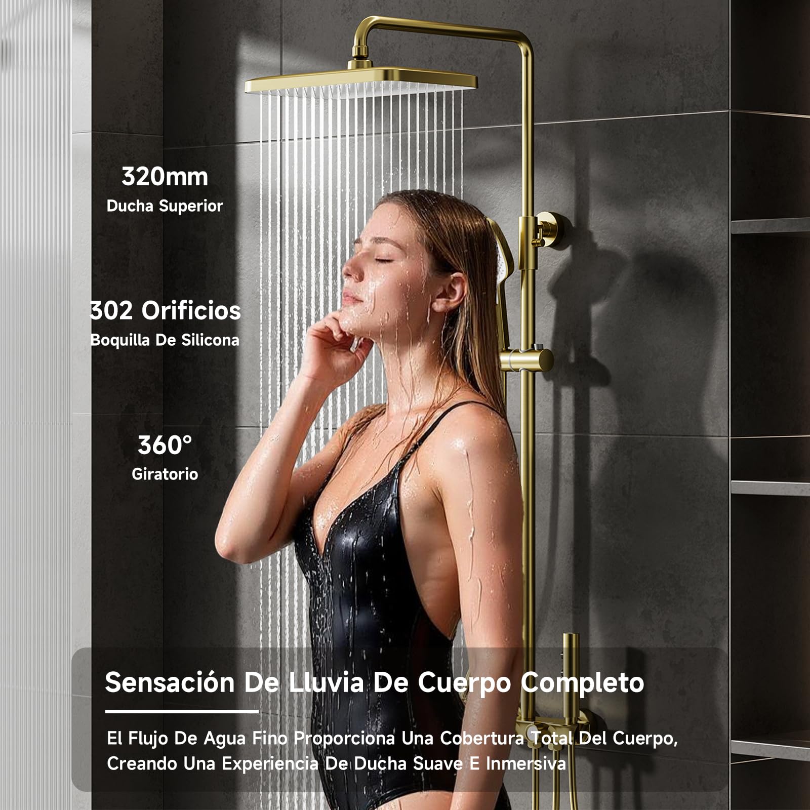Columna Ducha, Columna de Ducha Termostática 4 en 1 Oro Cepillado | Cabezal de ducha de lluvia grande de 320 × 220 mm, columna ducha con grifo, accesorios de ducha completos, ajustable 360°