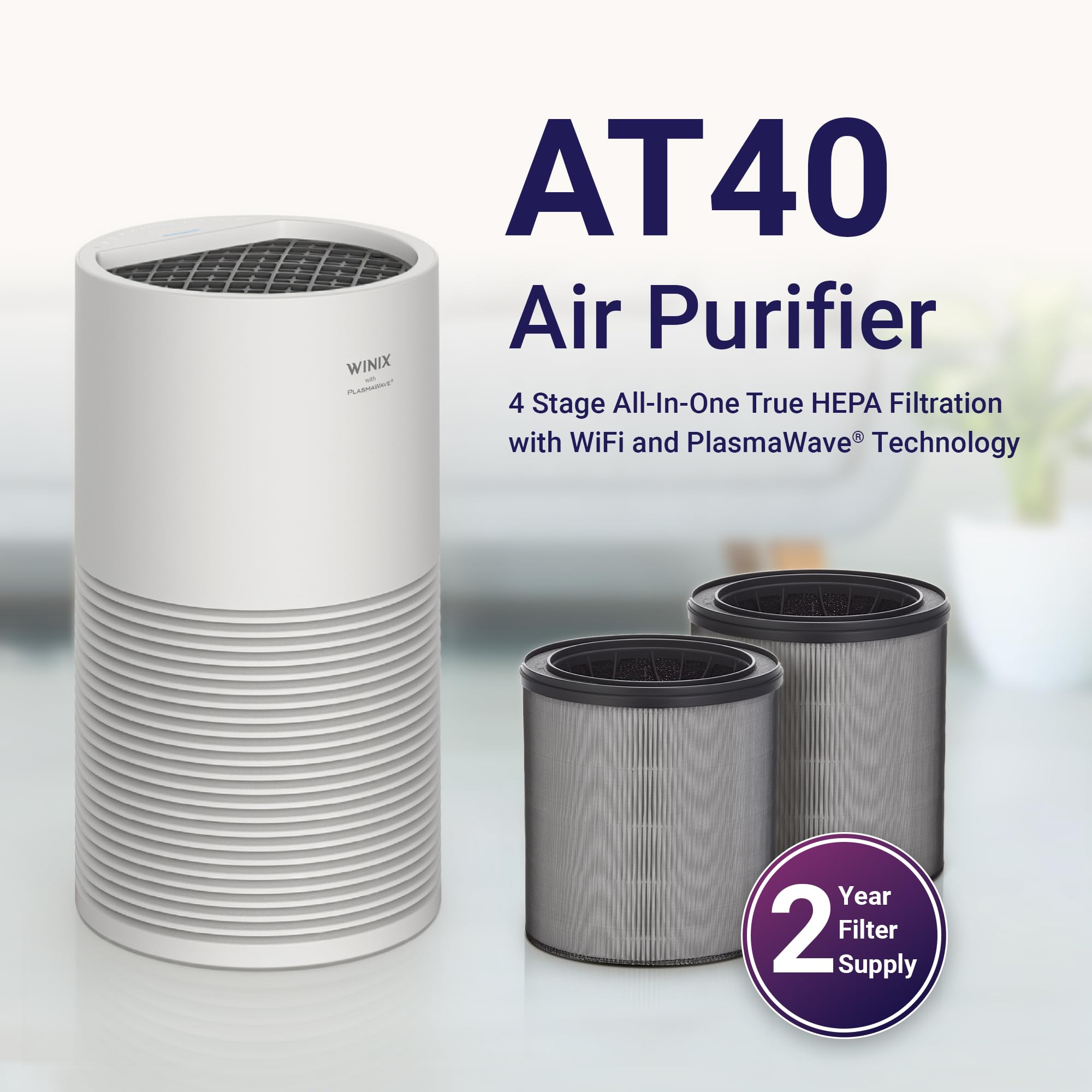 WINIX AT40 - Purificatore d'aria con 2 anni di filtri, per ambienti extra large fino a 1968 m² in 1 ora, con monitor della qualità dell'aria, True HEPA, filtro a carbone e modalità automatica, cattura