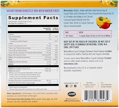 NatureWise Hydrolyzed Liquid Collagen for Women & Men 4000mg - No Added Sugar - Multi Collagen Peptides + Biotin + Vitamin C + Vitamin B Complex & Hyaluronic Acid - Mango - 10 Tubes[10 Day Supply]