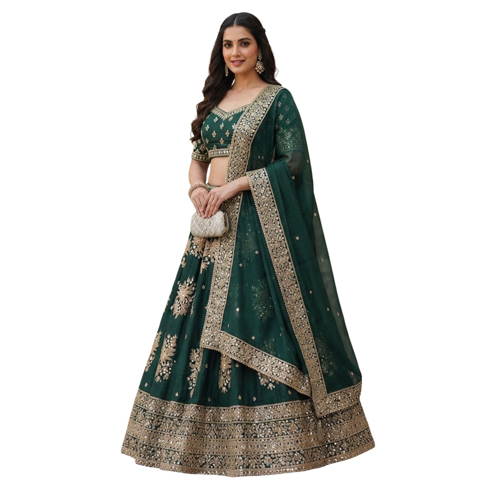 Womens Green Stain Silk Thread Sequence Embroidery Work Semi-Sttiched Lehenga Choli -JH241GRN-image-29
