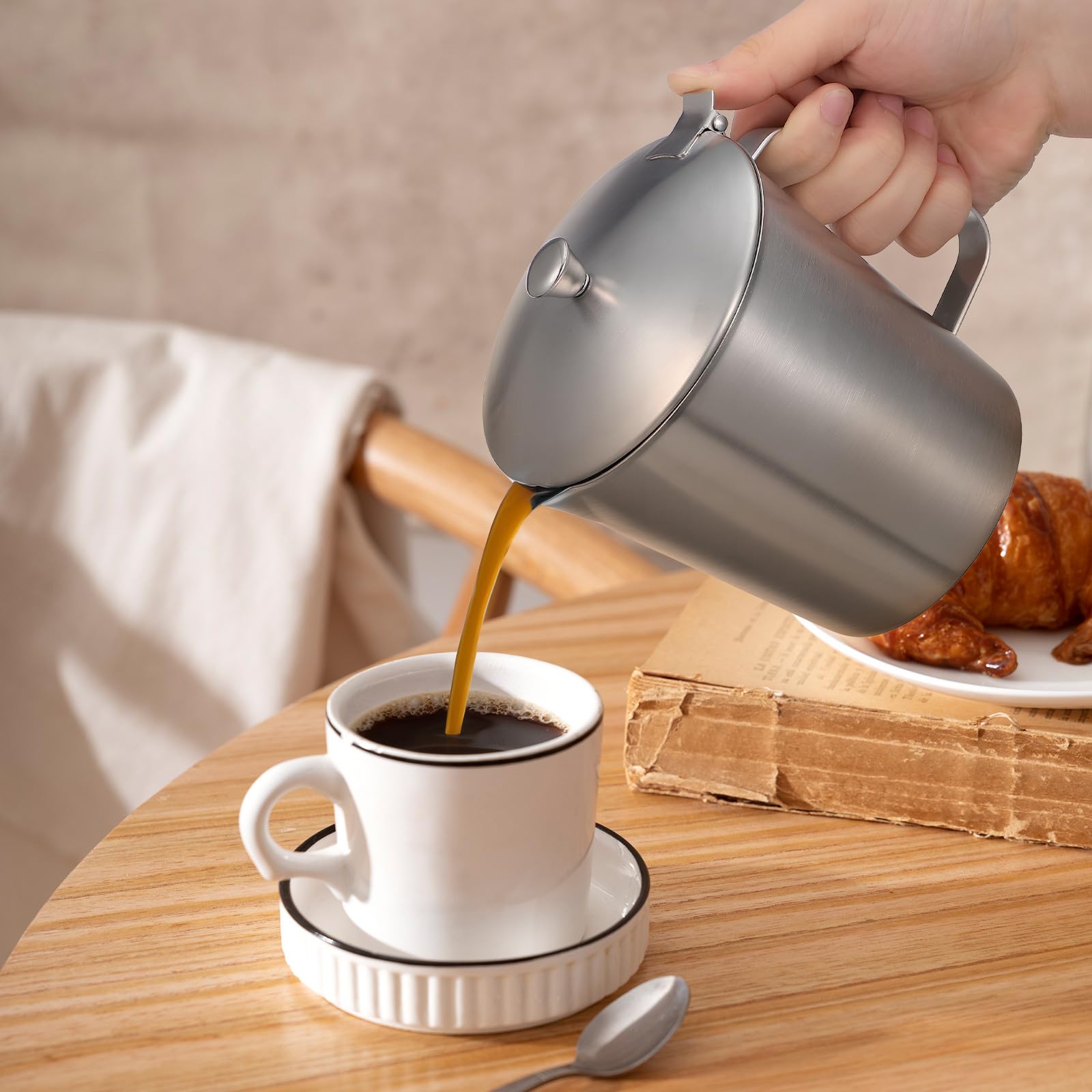 Taza Medidora que Evita Leche se Enfríe Rápido con Tapa Anti-caída 1000ml de Acero Inoxidable Jarra Graduada para Preparar Café con Leche y Barras