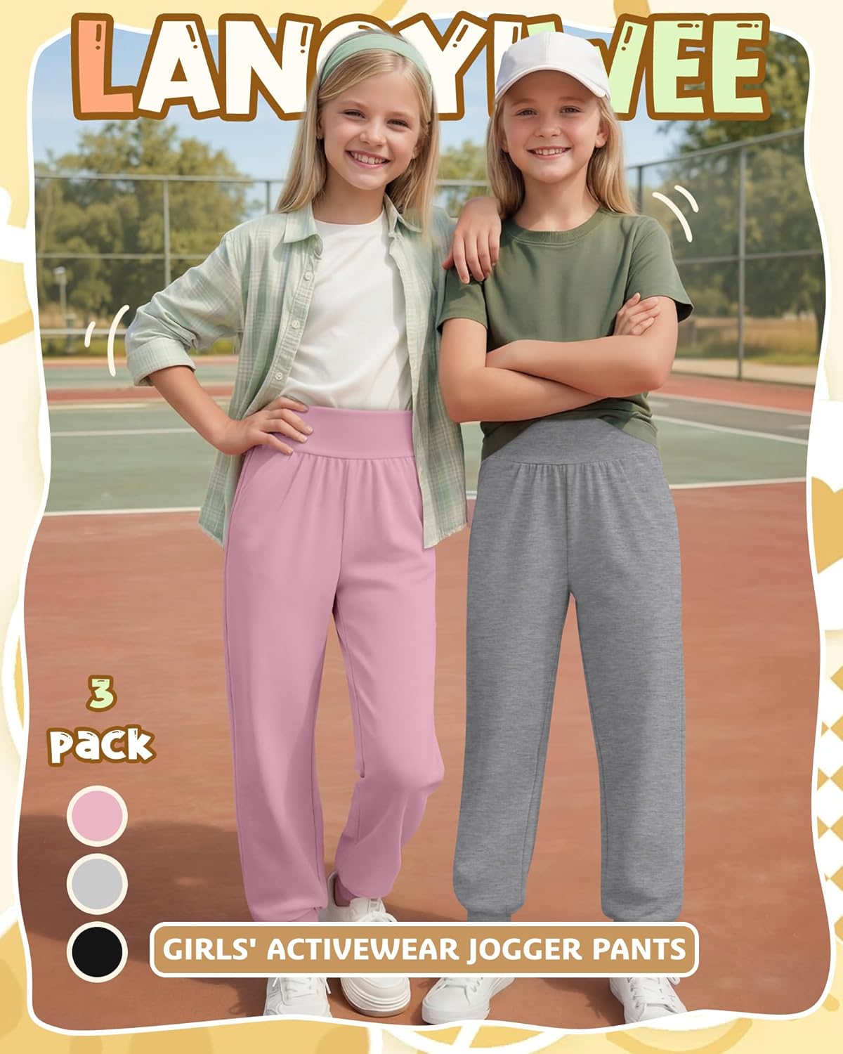 3 Pack Girls Sweatpants Lightweight Yoga Pants Athletic Joggers Casual Soft High Waisted Cuff for Kids Size 5-14