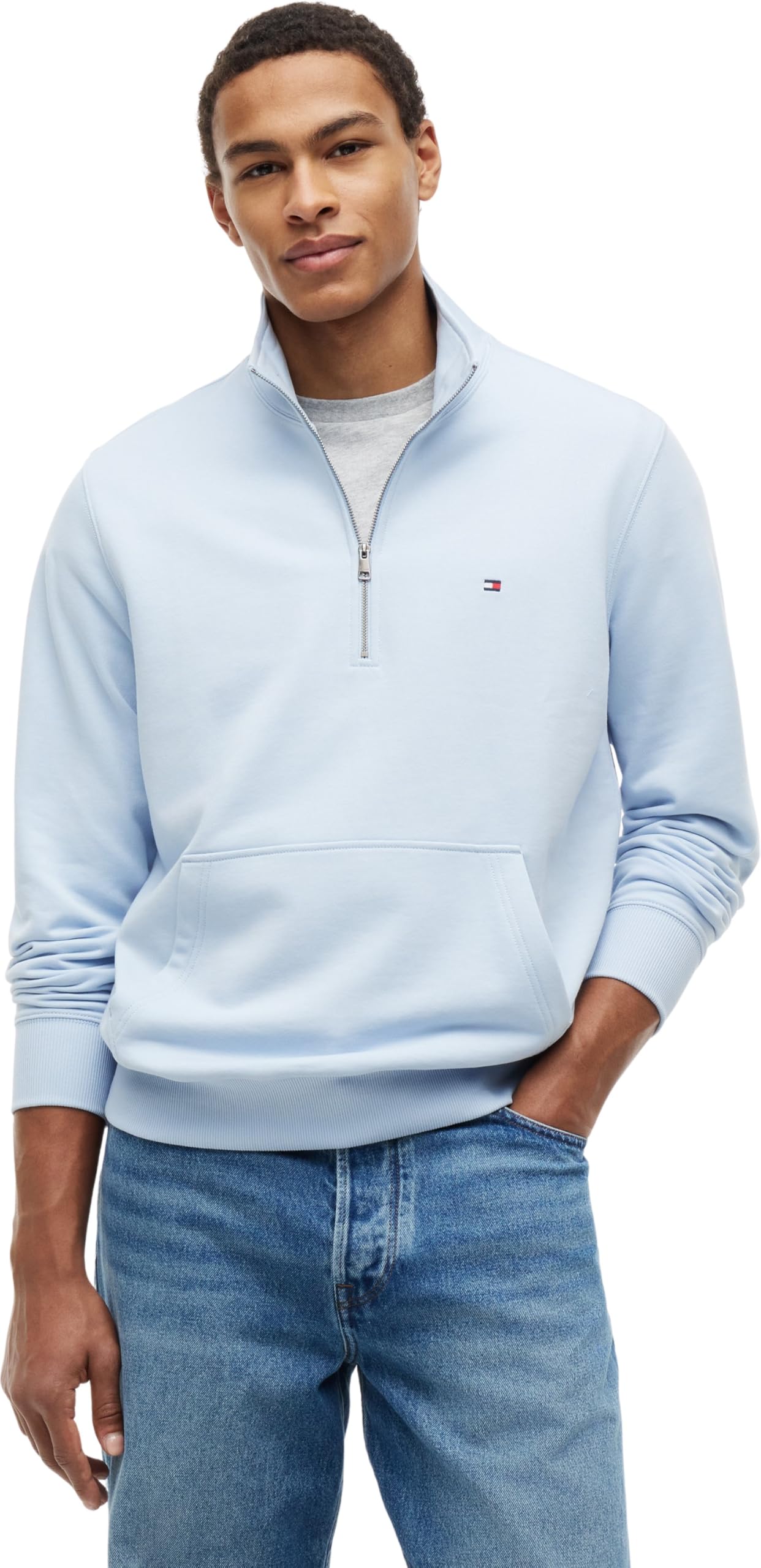 Tommy Hilfiger Men’s Sweatshirt with Zip Essential Terry New with Stand Collar, Blue (Breezy Blue), M