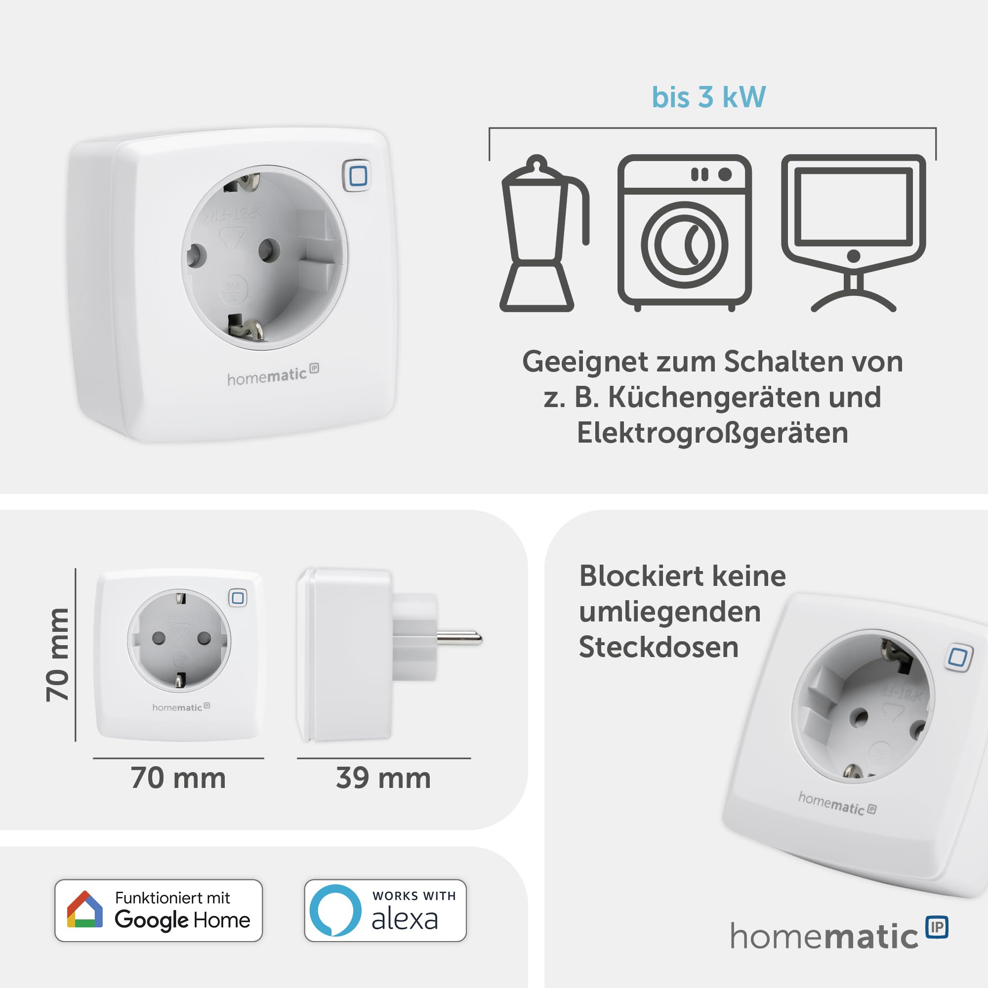 Homematic IP Schaltsteckdose, Smart Home, digitaler Zwischenstecker steuert Leuchten oder Elektrogeräte per App, Alexa & Google Home, Energie sparen, 157338A0