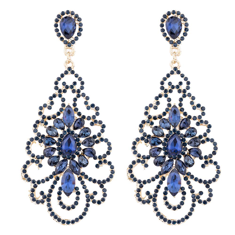 Big Rhinestone Crystal Earrings – Large Teardrop Crystal Dangle Earrings, Statement Filigree Rhinestone Drop Earrings for Women Bridal Wedding Dating Party (Navy Blue)