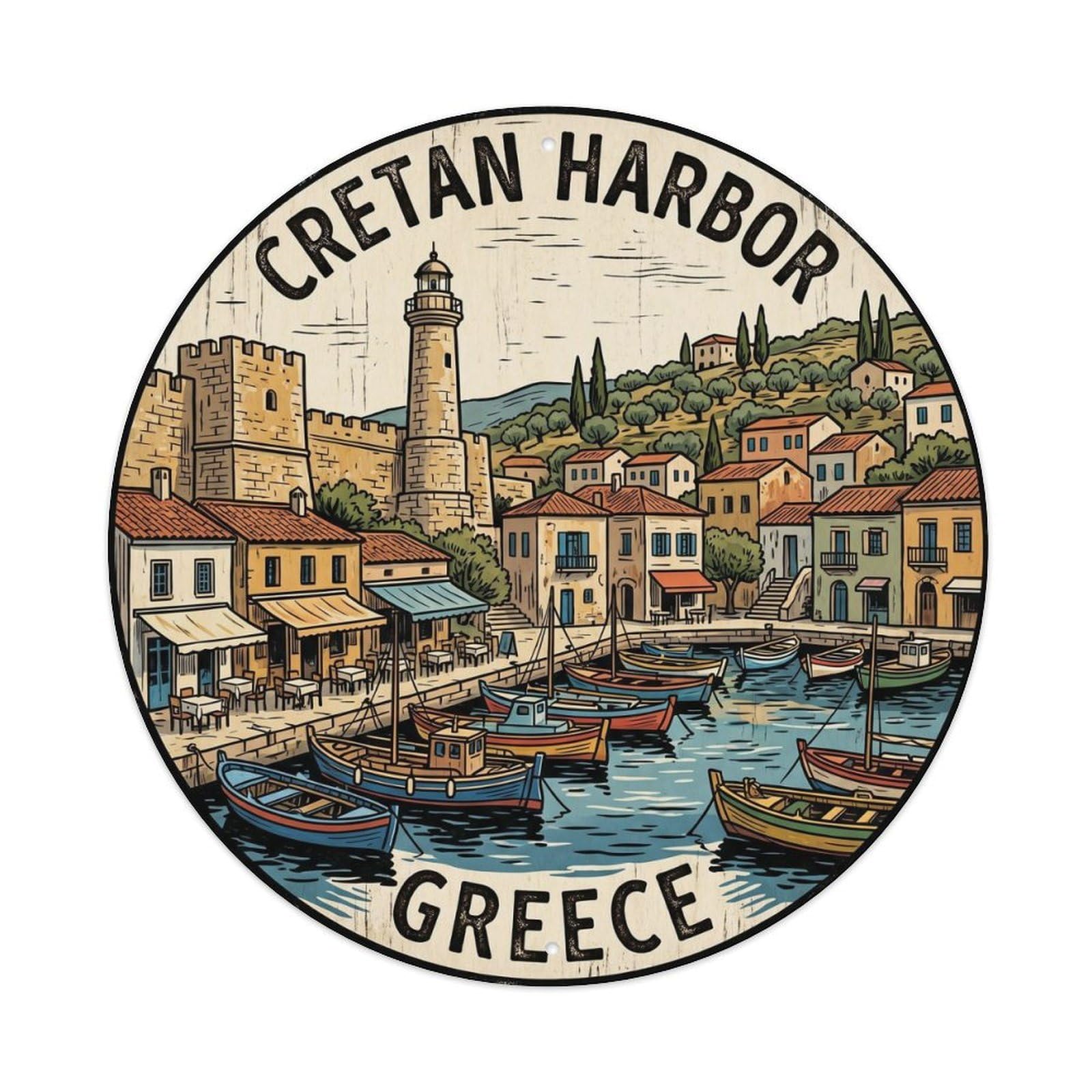 Vintage Travel Cretan Harbor Greece Bay Metal Tin Sign Plaque Wall Decor for Cafe, Club, Garden Round Metal Poster 8x8Inch