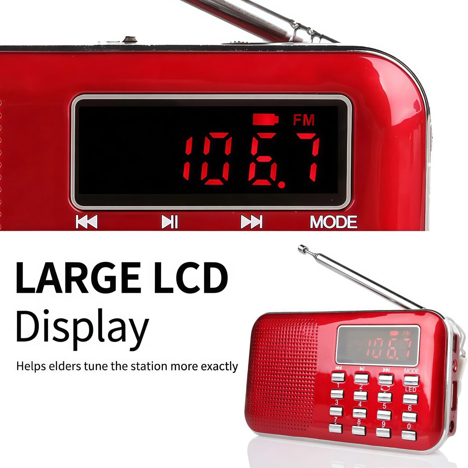 Raddy RF23 Radio Portable FM/AM Rechargeable avec Lampe de Poche, Grand Écran LCD, Lecteur MP3 Micro SD/USB, Batterie 800mAh, Rouge