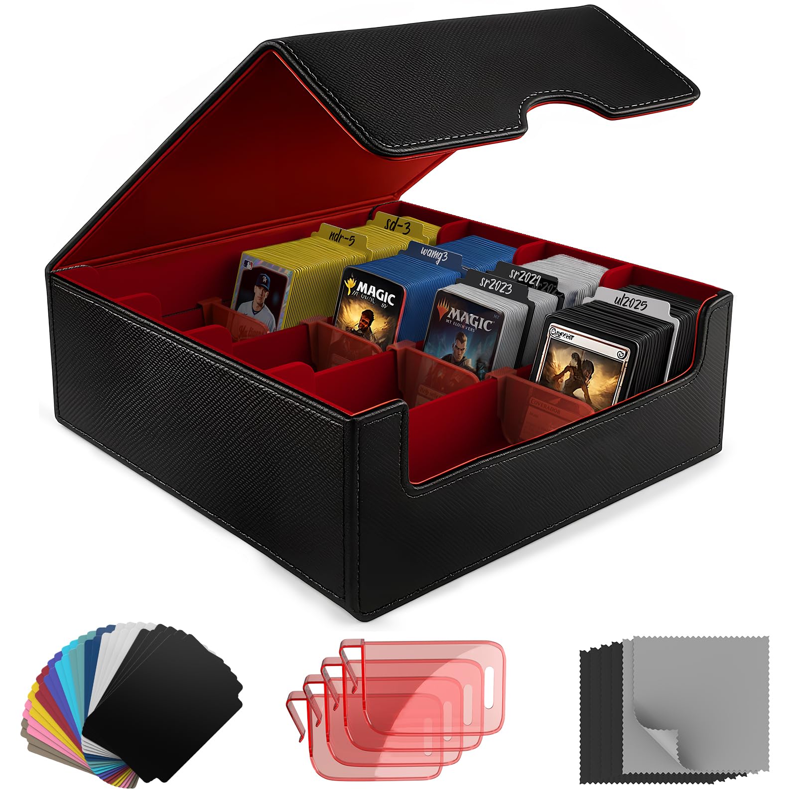 Trading Card Storage Box (3000+ Cards Capacity)  Magnetic MTG Deck Box, Waterproof PU Leather, Thickened Material  Includes 24 Dividers, 4 Card Stands, 6 Cleaning Cloths  Card Box for TCG & YuGiOh Black & Red