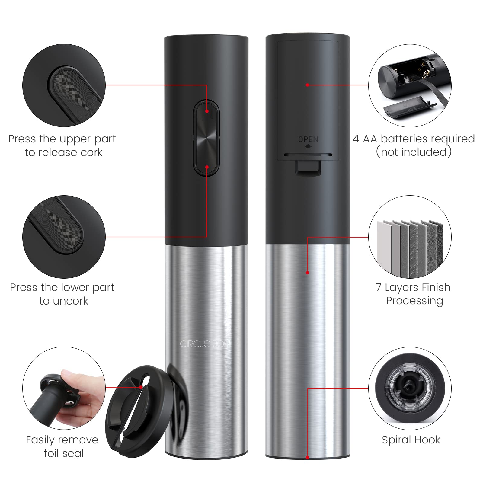 CIRCLE JOY Cavatappi Elettrico Apribottiglie Automatico, Estrattore Di Vino Motorizzato A Batteria Con Tagliacapsule Bloccabile, Batterie Non Incluse