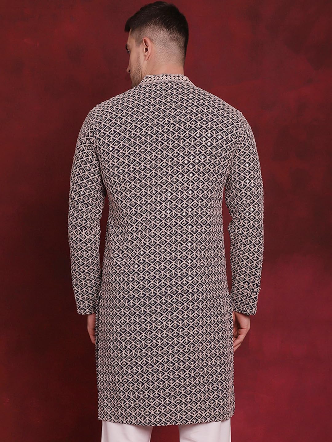 Jompers Men's Navy Sequin Embroidered Pure Cotton Kurtas (Navy, M)