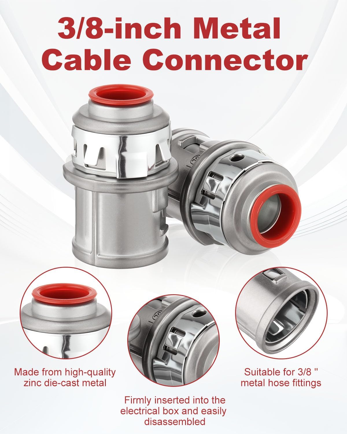 50 PCS Metal Cable connectors, 3/8" snap Conduit Connector, zinc Electrical Connector for Steel and Aluminum Cable