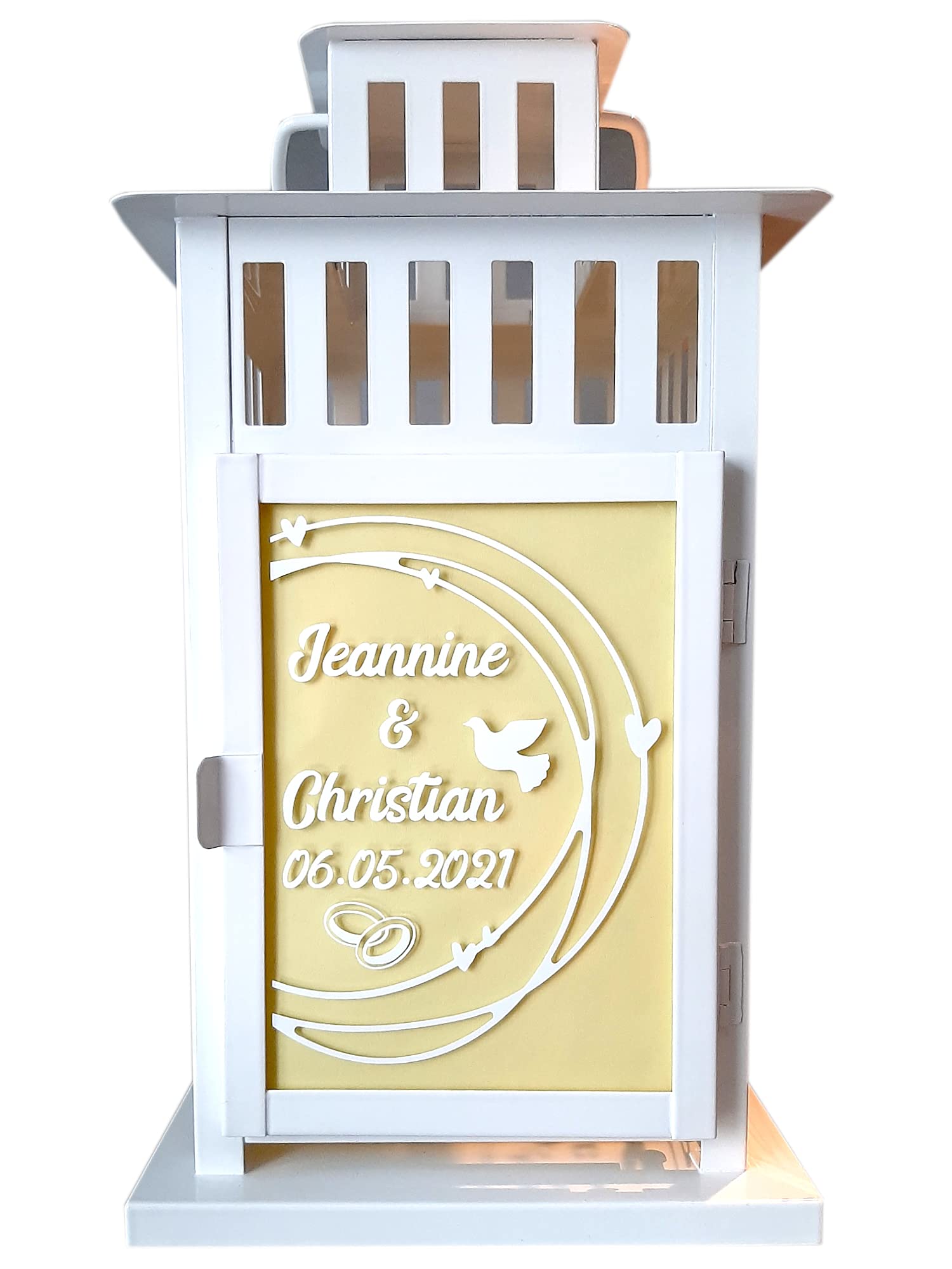 Kilala Laterne Hochzeit mit Namen und Datum weiß 28 cm, Hochzeitsgeschenk für Brautpaar, aus Edelstahl mit Magnetverschluss