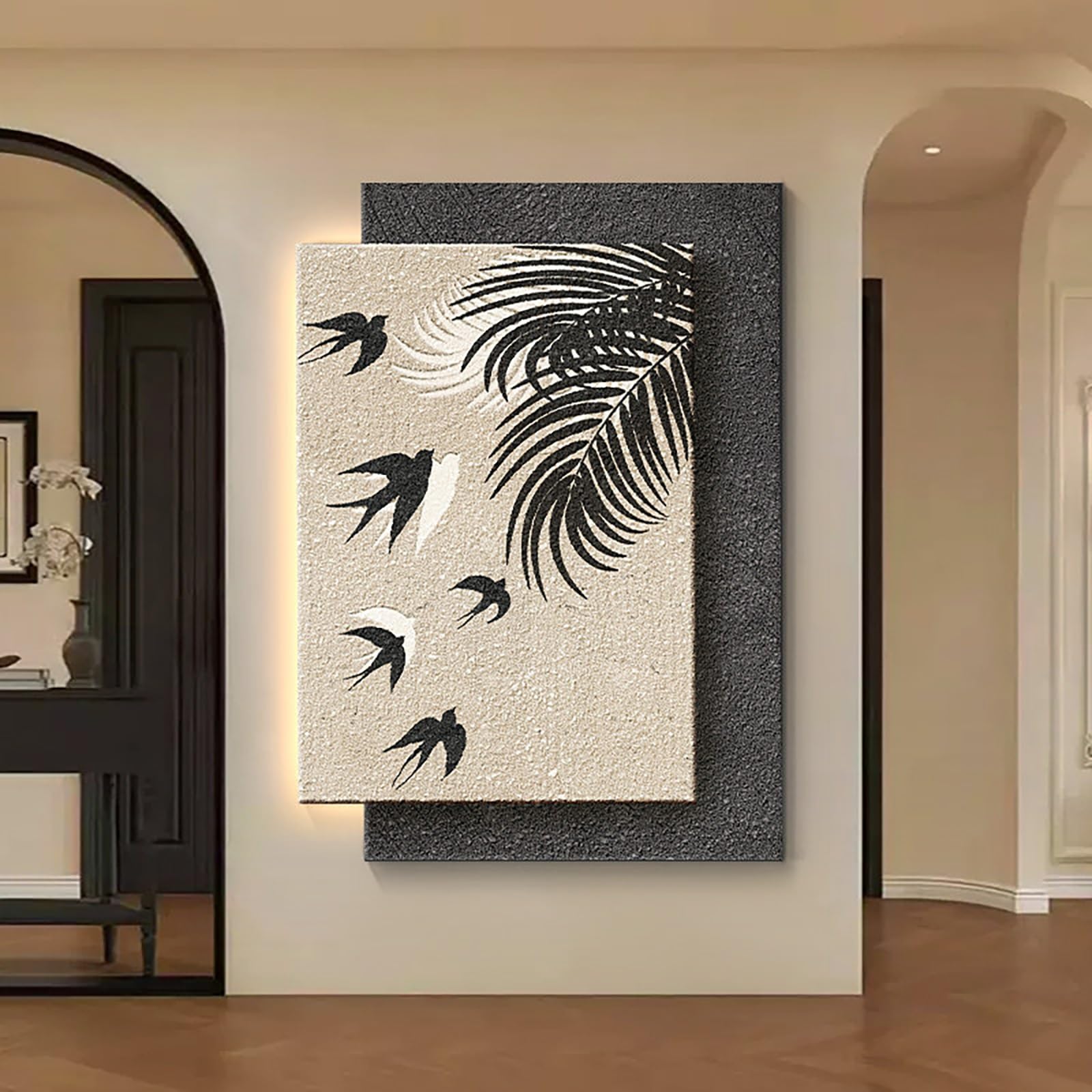 ZCQMSCWW 3D LED Vertical Wall Art, Leaf and Swallow Pattern Borderless Sandstone Texture Plug-in Power for Living Room Bedroom Entryway(E,50 * 70cm/19.6 * 27.5in)