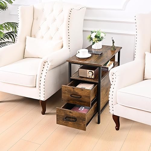 Miniatura 6 de Livofloral Mesas auxiliares con estación de carga, mesa auxiliar estrecha con 2 cajones de madera, puertos USB y tomas de corriente, mesita de noche