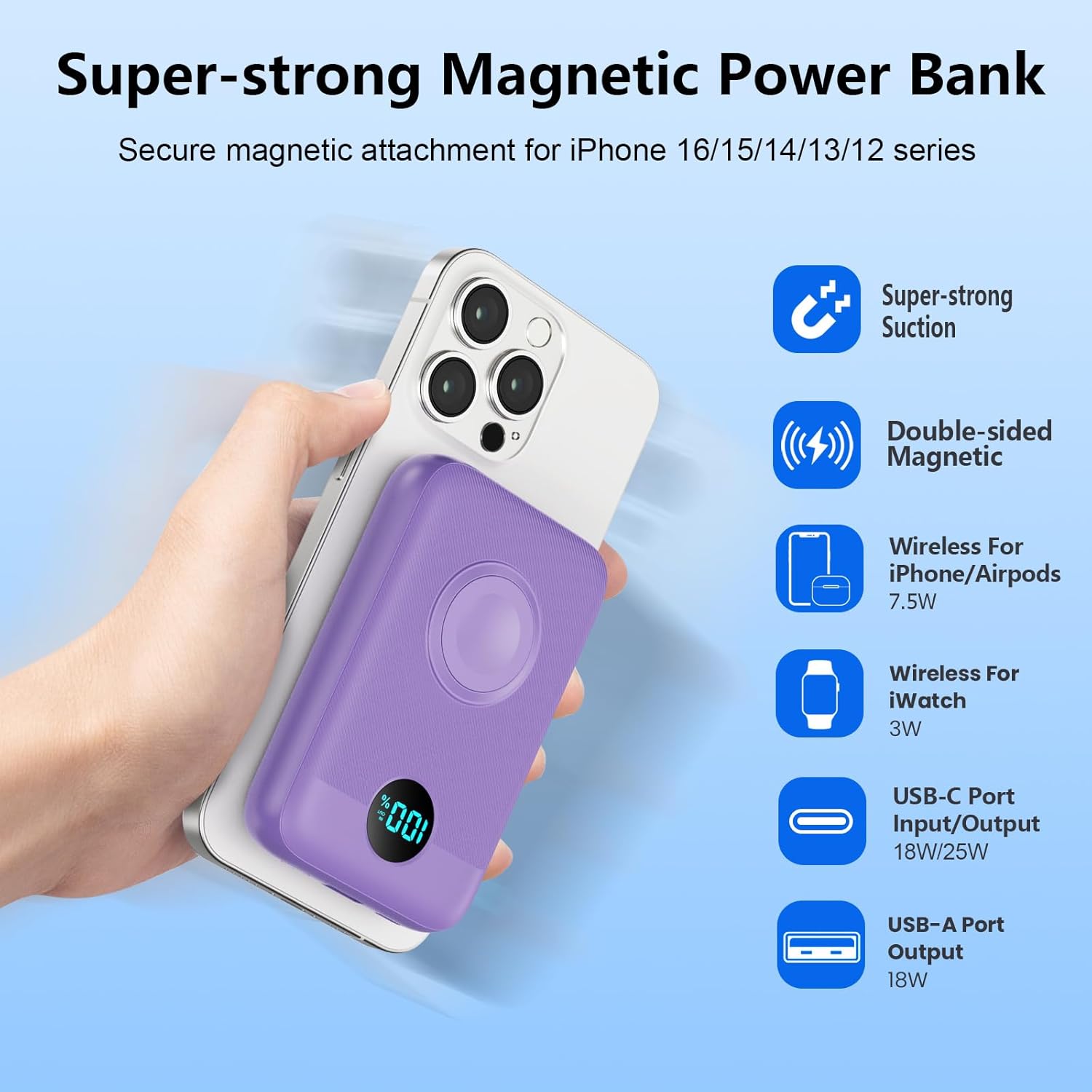 GKUTW HX100M4 power bank magnetically attached to an iPhone, highlighting its strong suction and dual-sided magnetic features.