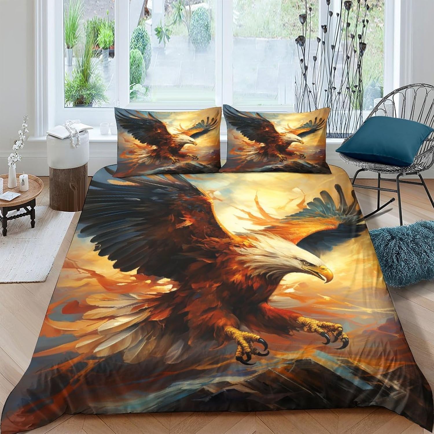 Housse de couette aigle imprimé 3D hypoallergique pour literie 1 ou 2 personnes