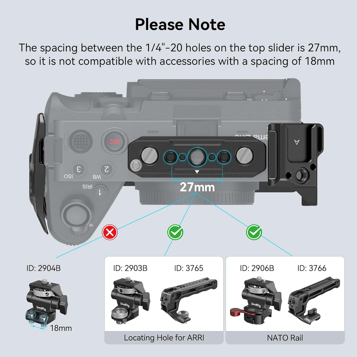 Diagram illustrating the 27mm spacing of the top slider holes and incompatible 18mm accessories