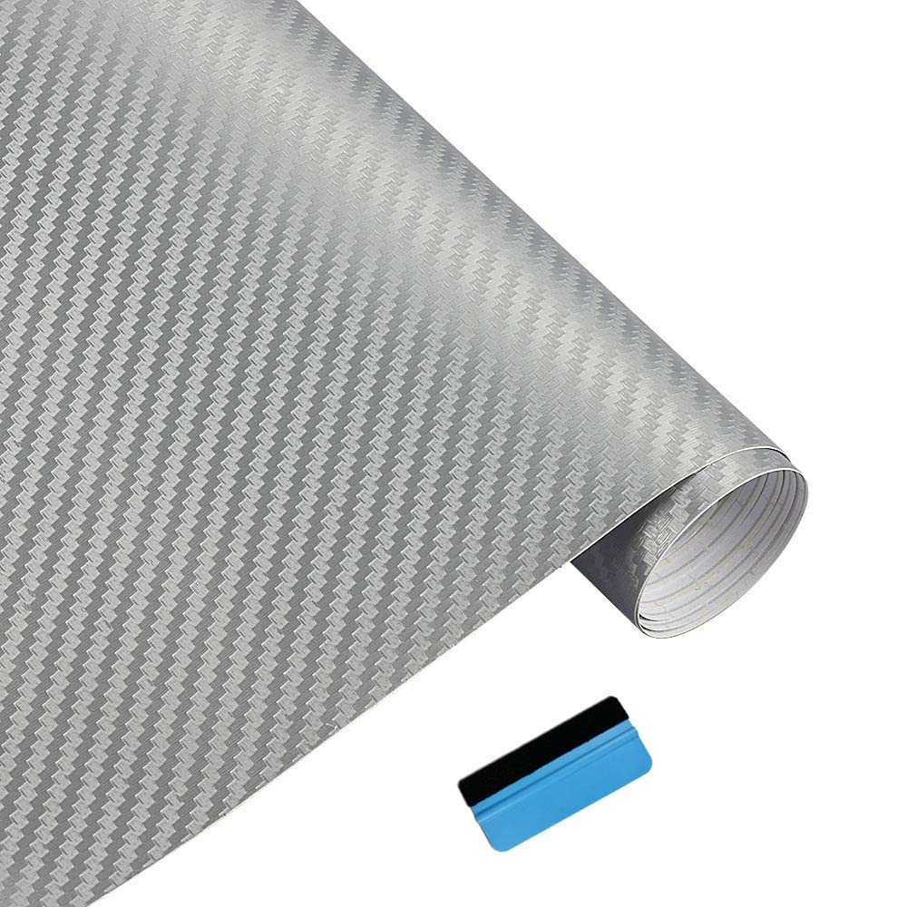 NewL 3D Carbon Fiber Vinyl Wrap Roll with Air Release Bubble Free Adhesive Film Contain Installation Tools (Silver, 30cm x 150cm)