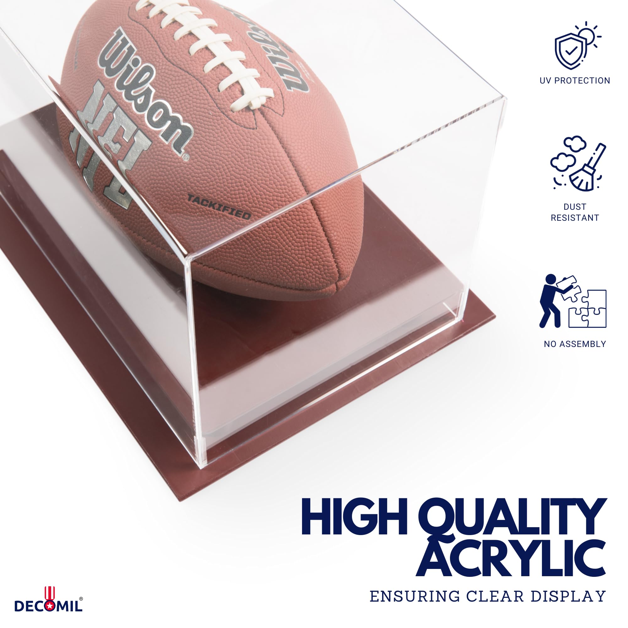 DECOMIL - Football Display Case Holder, Football Case, UV Protection No Assembly, Reinforced Design, Solid Wood Base - Cherry Color