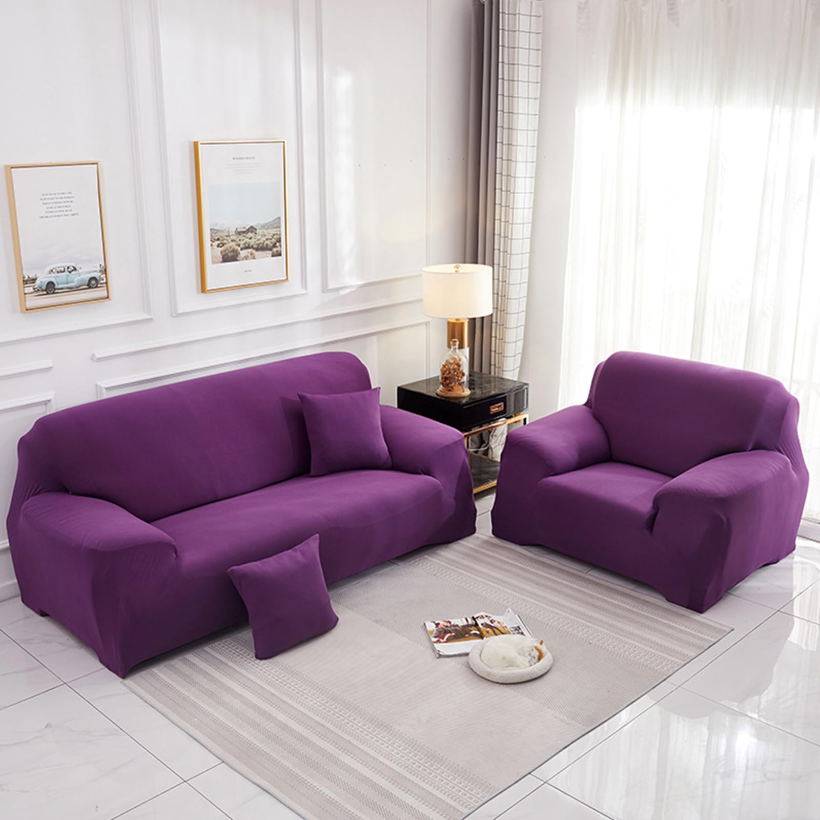 Sofa Cover, Soft and Flexible Sofa Cover, Monochrome Adjustable Sofa Covers, Universal for Families, Sofa Cover with Arms (2-Seater, Purple)