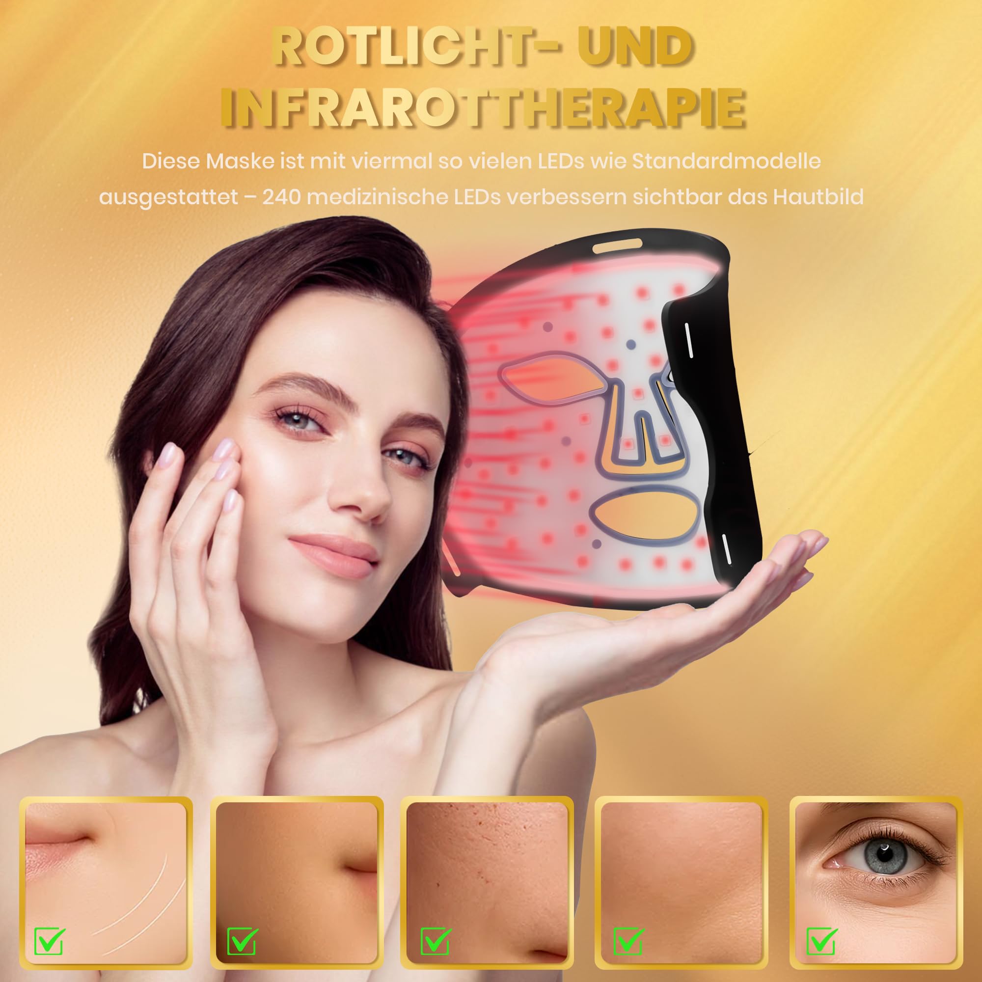 Rotlichtlampe LED Maske – 4-Farben-Lichttherapie mit 240 LEDs, Wiederaufladbare Lichttherapie für Anti-Aging, Hautverjüngung und Straffung (Schwarz2)