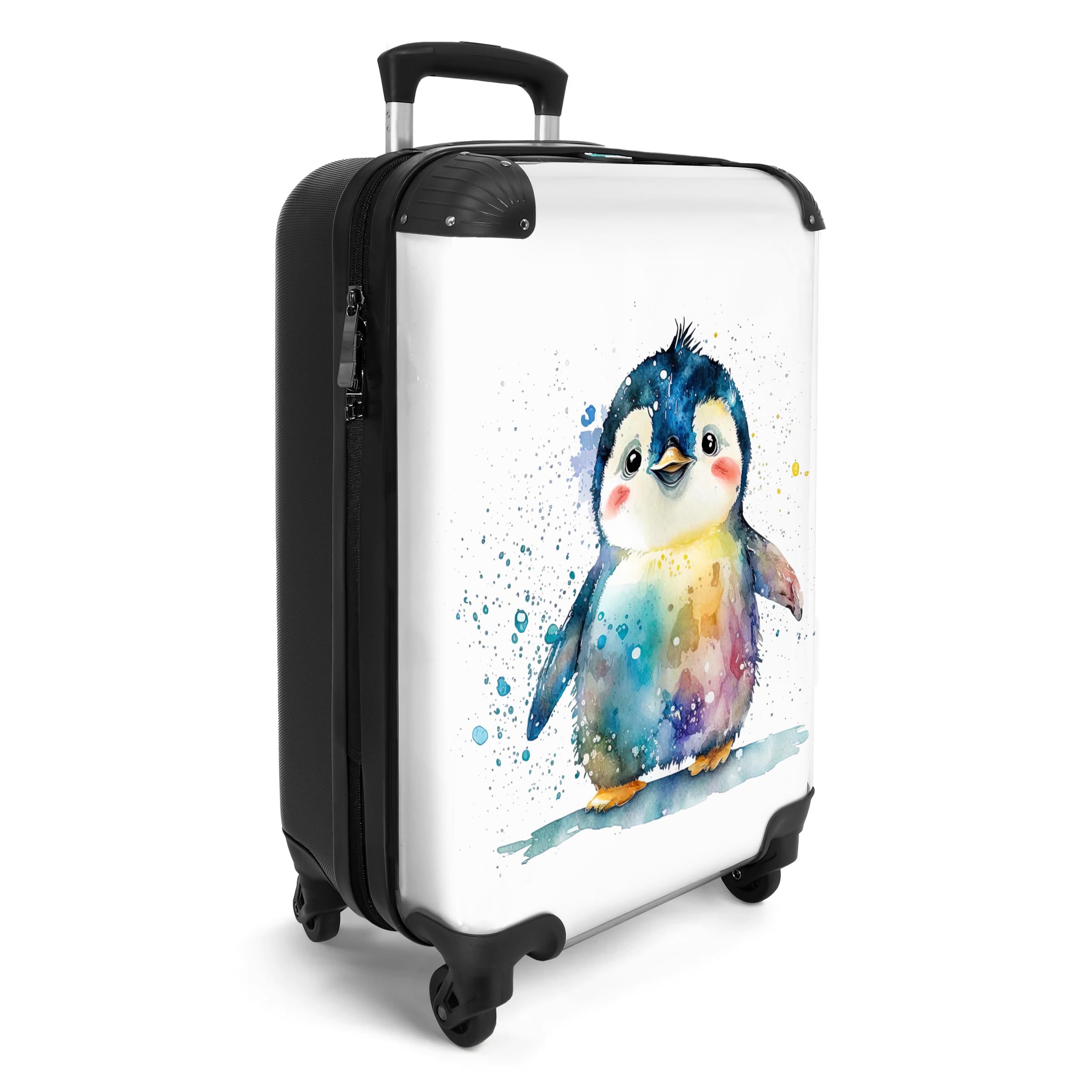 NoBoringSuitcases.com Maletas para Niños, Maleta Niño, Maleta Niños con Ruedas, Maleta Cabina Infantil, Maletas de Viaje Infantiles, Equipaje de Mano (55x40x20 cm), (Pingüino en Acuarela - Blanco)