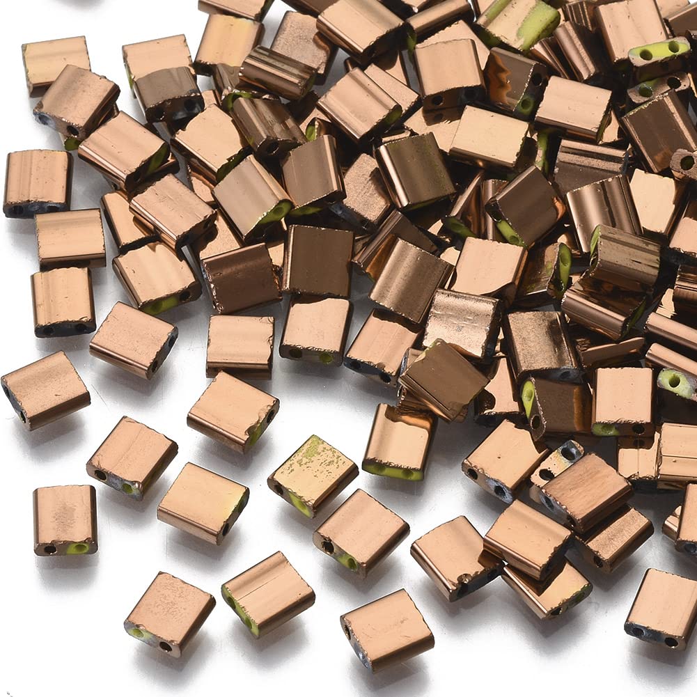 Bestewelry 200Pcs 5mm Glass Seed Beads Rectangle Opaque Tila Beads Copper Plated 2 Hole Glass Beads Square Carrier Beads Loose Spacer Beads for Jewellery Making