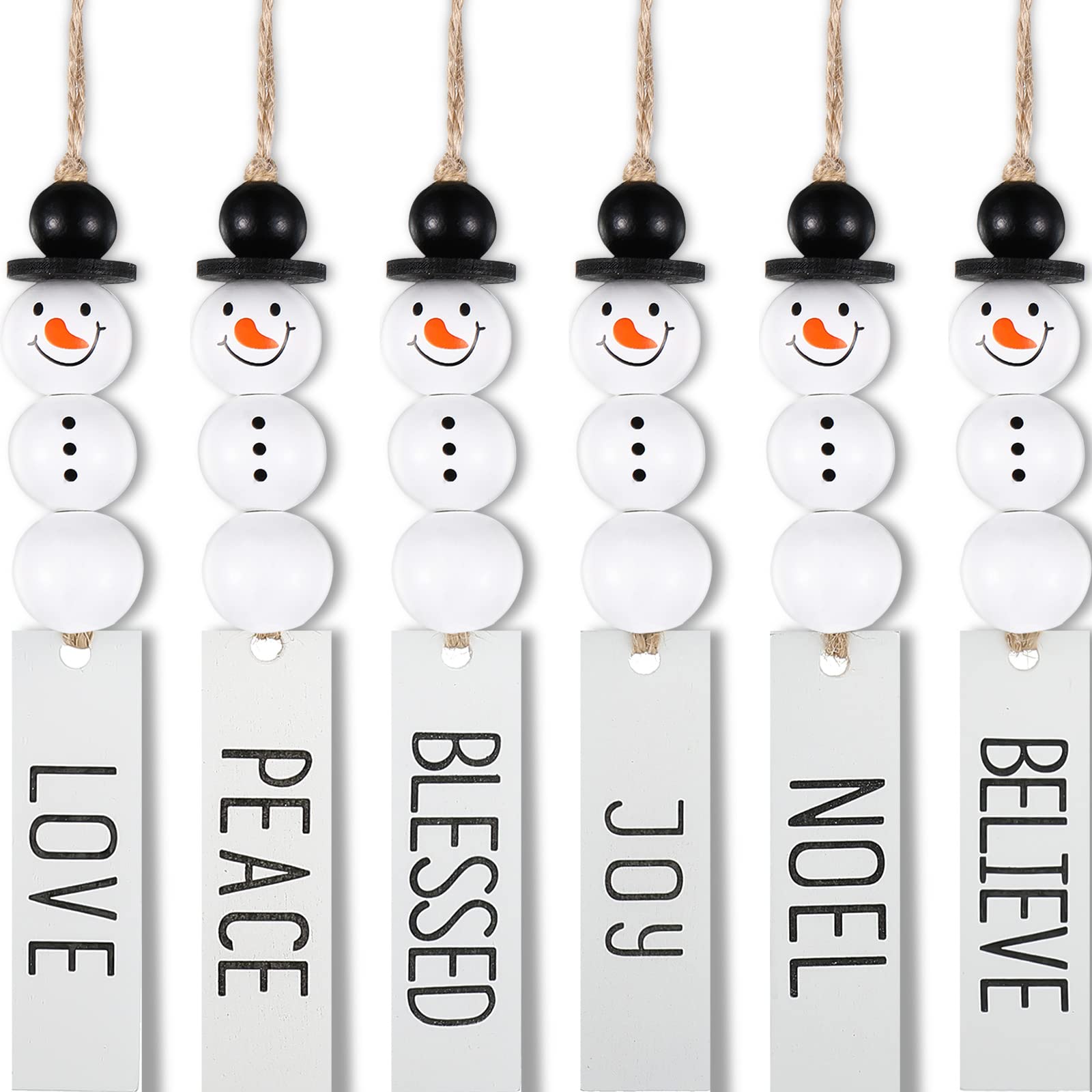 6 Pieces Christmas Snowman Bead Garland for Christmas Tree Ornaments Xmas Wooden Farmhouse Snowman Bead Rustic Hanging Bead Plaid Bead Tassel for Christmas Hanging Party Decor (White with Words)