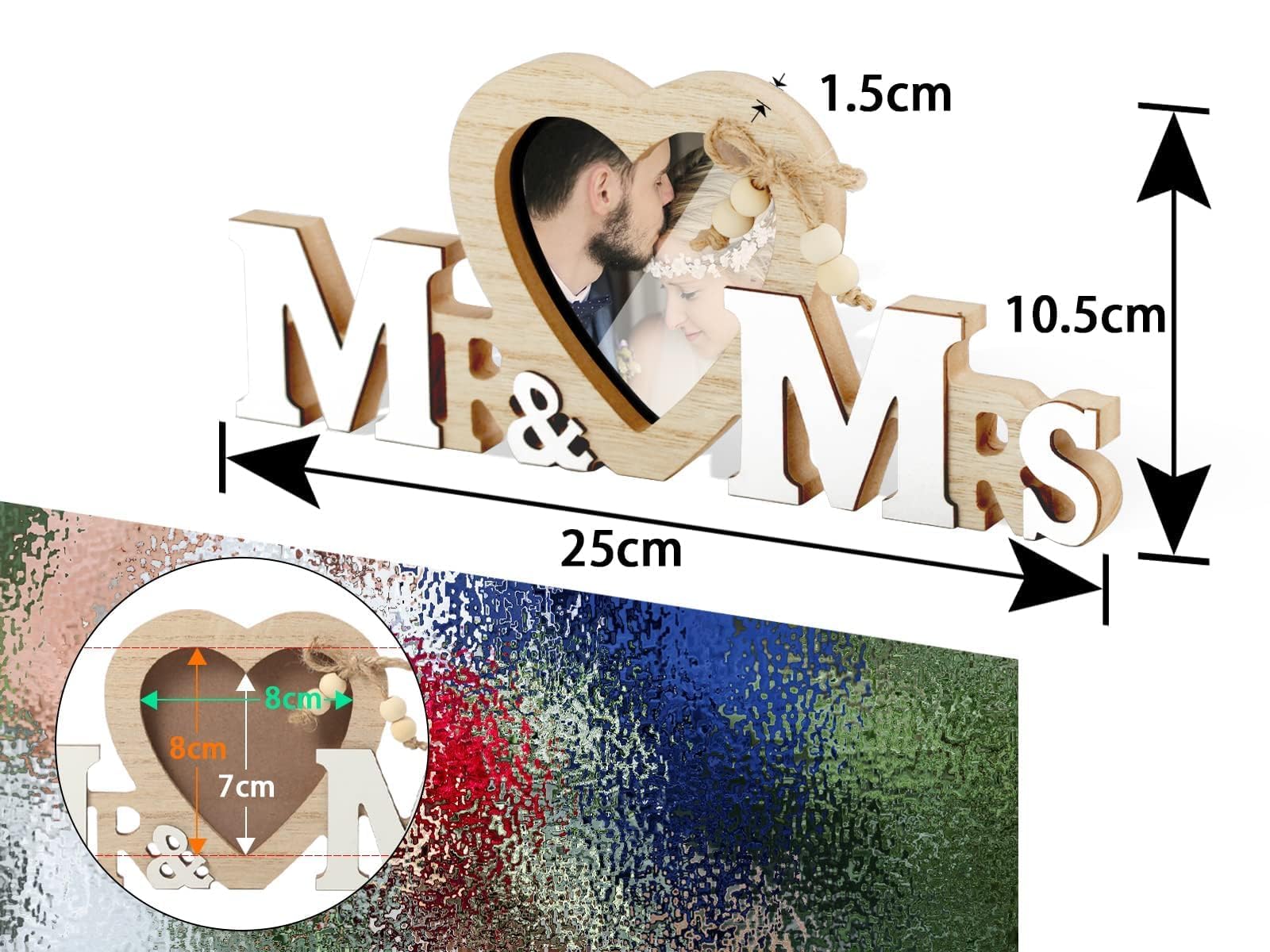 FUGLUS Mr & Mrs Hochzeitsdeko - Holz Tischdeko Mit Herz Fotorahmen 24x20cm