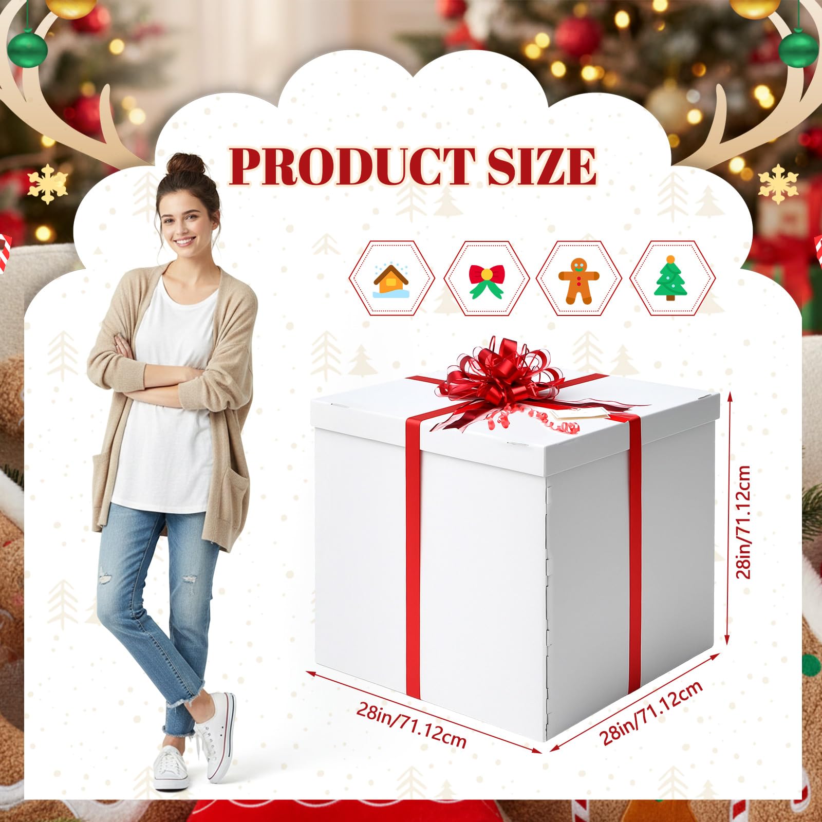 Kolldenn Boîte cadeau de Noël géante extra large 71 x 71 x 71 cm avec couvercle, ruban rouge et blanc, carte de vœux et 100 ballons pour grands cadeaux pour Noël, anniversaire surprise