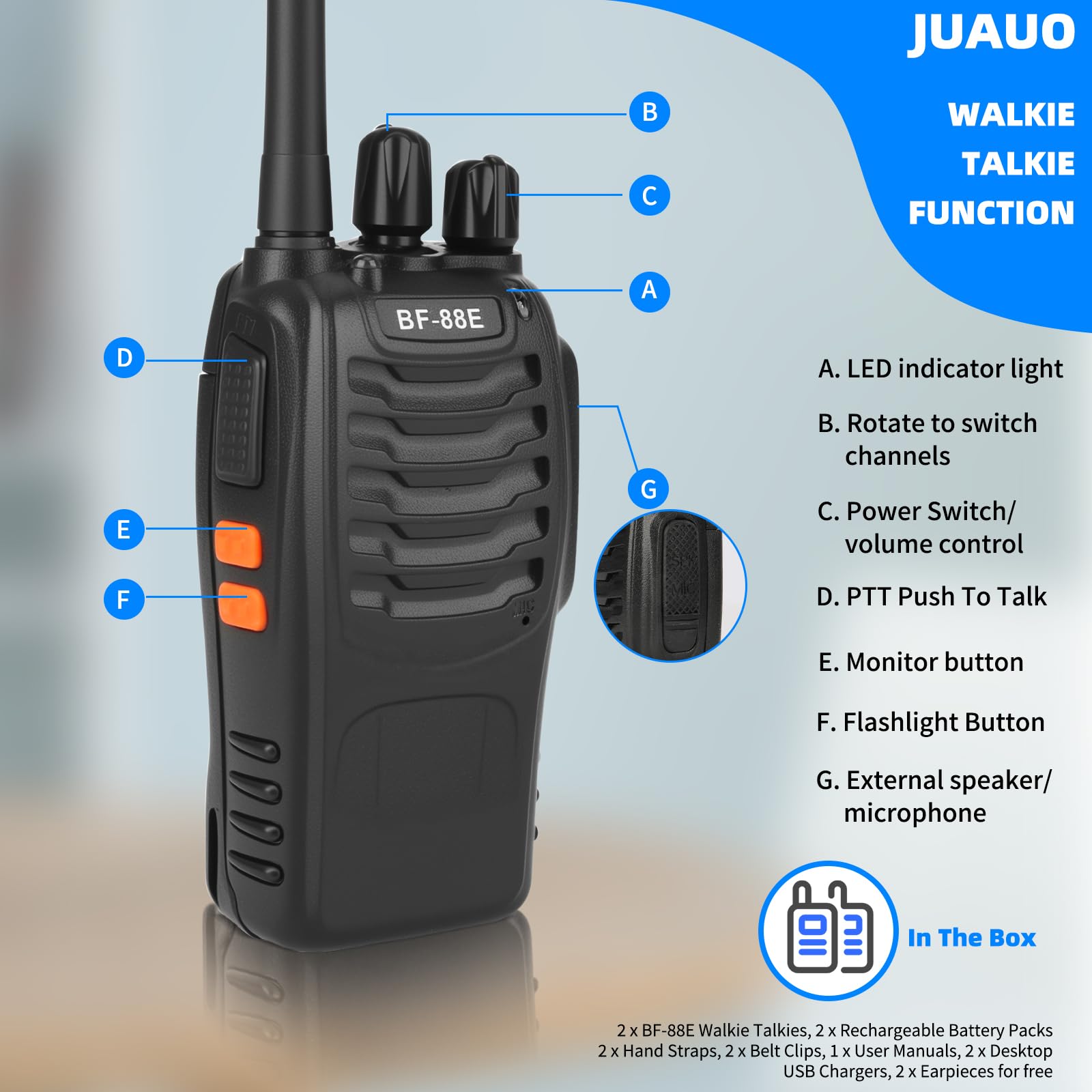 Long Range Walkie Talkies for Adults,16 Channel Two Way Radios with 1500mAh Rechargeable Battery, USB Charging & Earpieces, Supports Hands-Free VOX, LED Flashlight — view 2