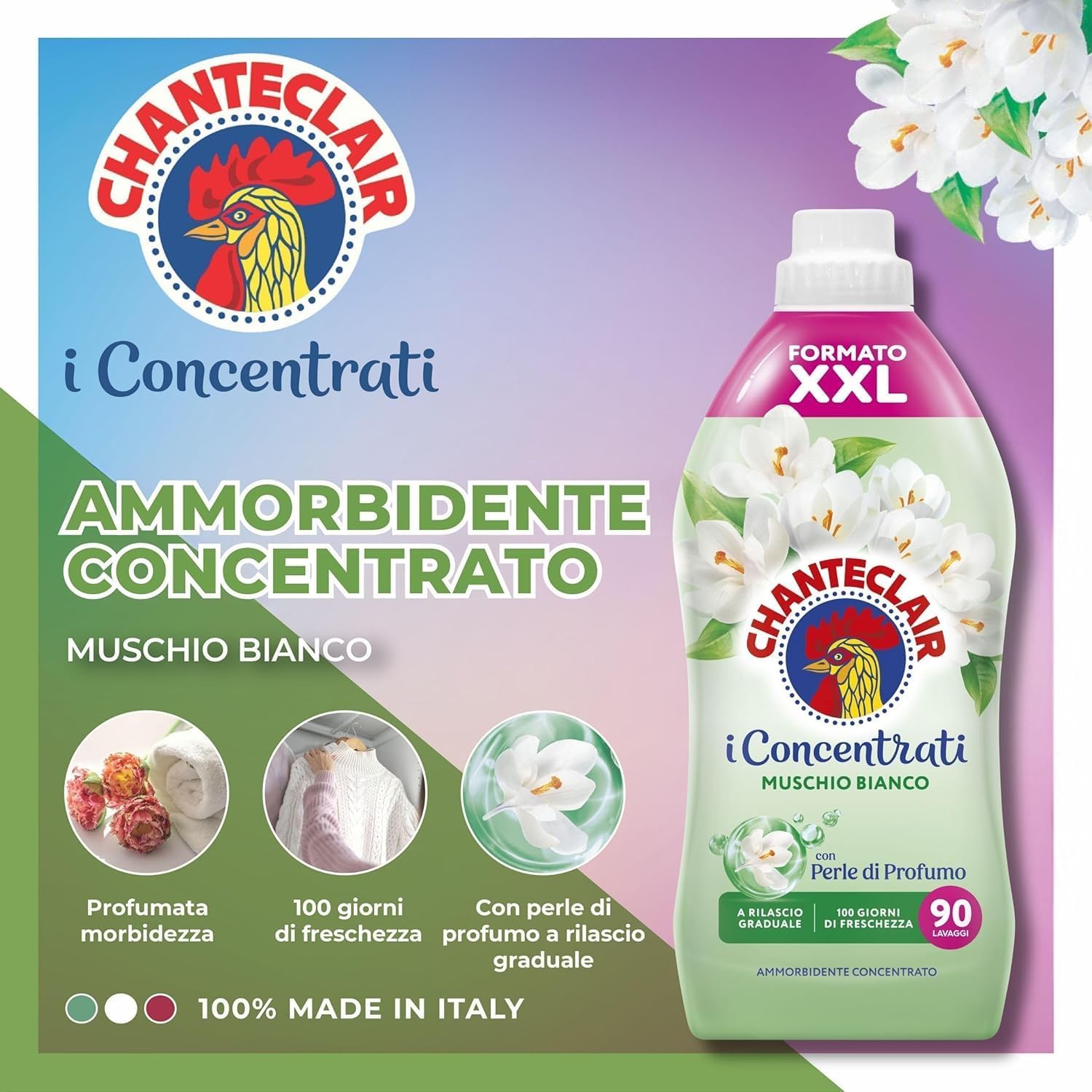 8 x Chanteclair ammorbidente concentrato muschio bianco – 90 lavaggi, 1800 ml + portachiavi Beni Culinari gratuito