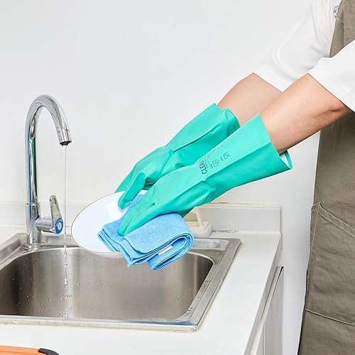 Miniatura 5 de Restaurantware Guantes de limpieza verdes, 10 pares de guantes de nitrilo de 15 mil de grosor, grandes, resistentes, con puño largo, forro de
