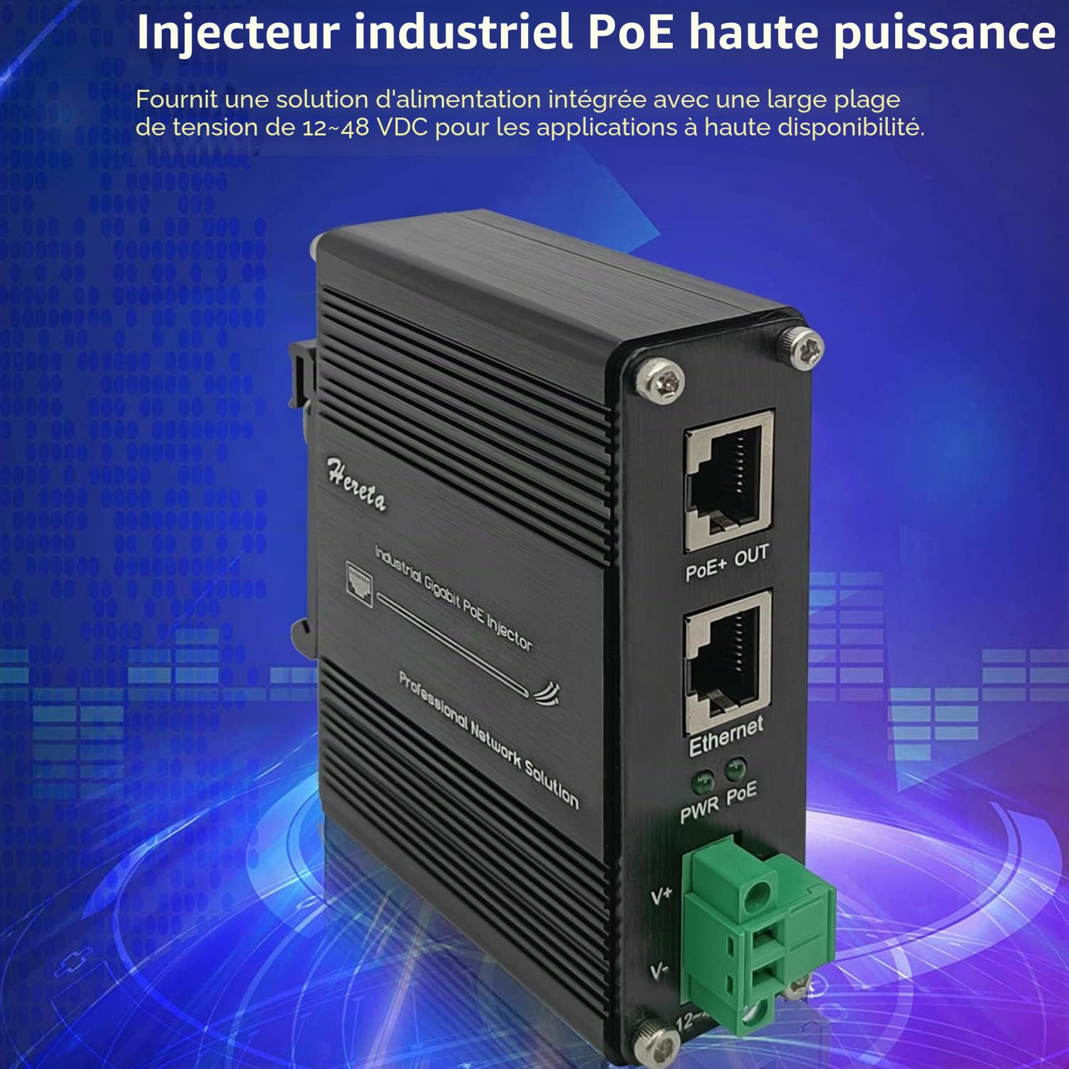Injecteur Gigabit PoE+ industriel durci 12-48 VDC entrée avec rail DIN et support mural reliant le dispositif IEEE 802.3 af/at PoE (30 W)