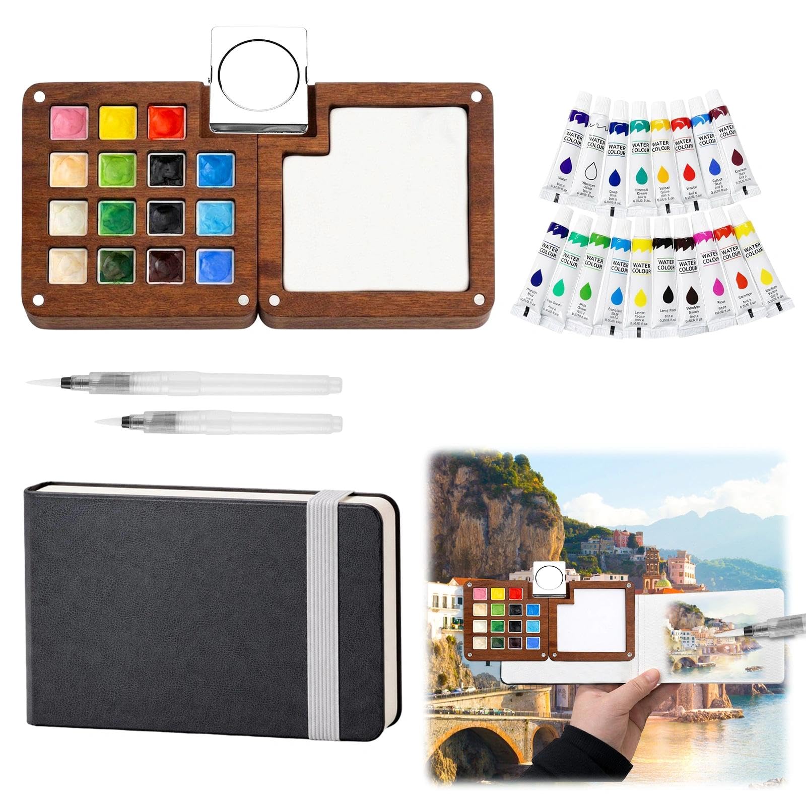 Fakindiy Mini Watercolour Paint Set - Travel Watercolour Kit, Pocket Water Colour 15 Grid Palette With 18 Colors Paints, Sketchbook, Clip, Pen, Artist Painting Gift Set