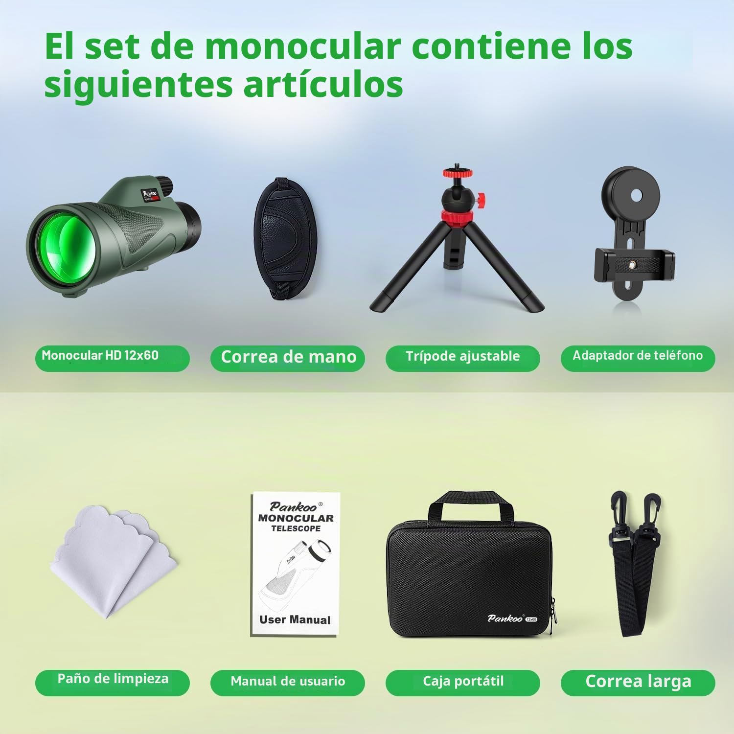 Pankoo Telescopio monocular HD 12 x 60 para adultos | Se entrega con adaptador para smartphone, trípode y correa de muñeca | Ideal para observación de aves, deportes, senderismo, viajes