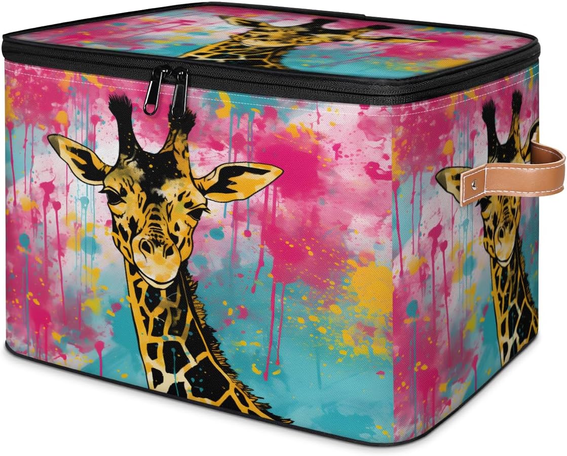 Funny Giraffe Storage Basket with Lid Zipper Fabric Storage Box Collapsible Decorative Closet Organizer Bin for Shelf, Clothes, Home Organizer
