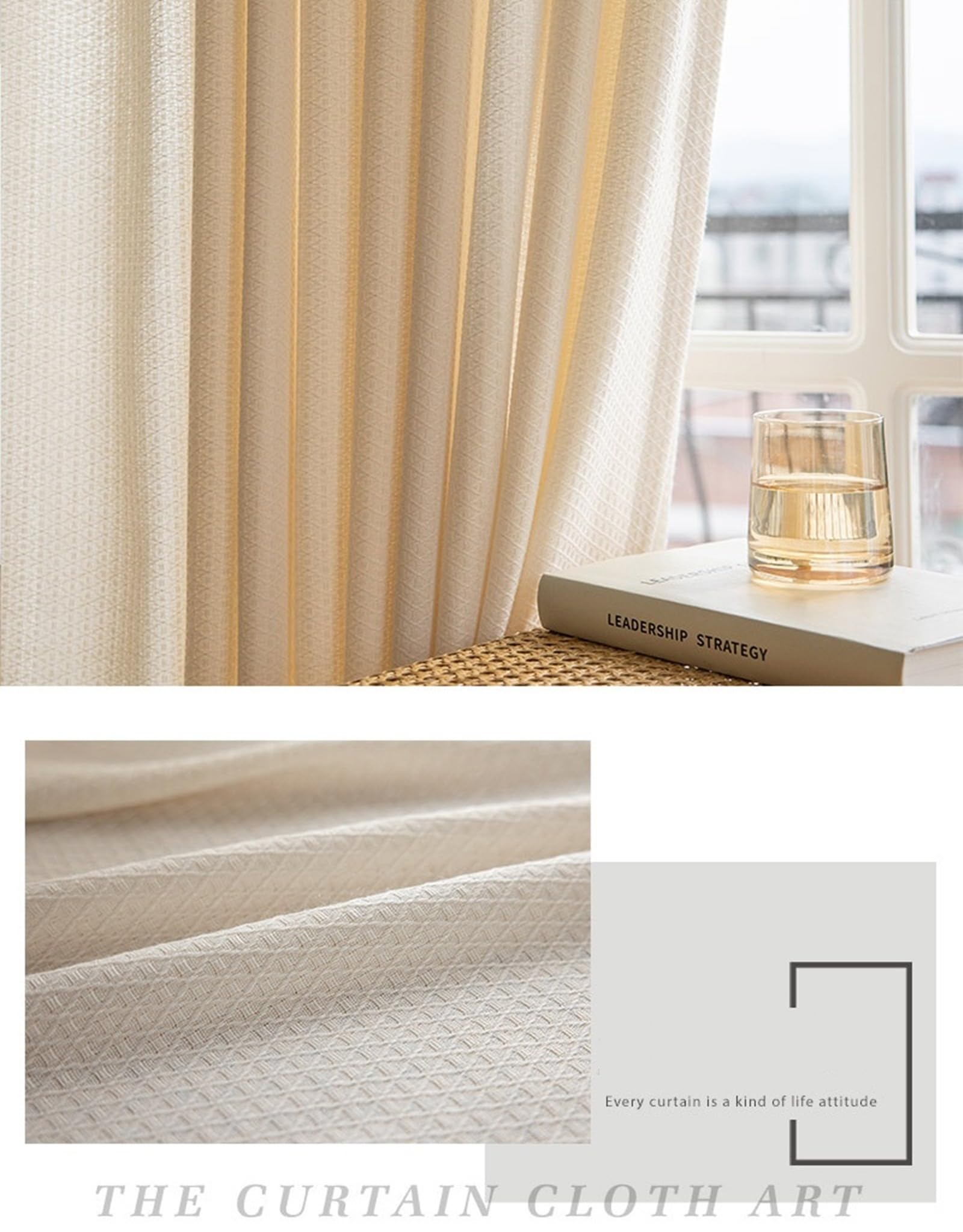 Epinki Zasłony przezroczyste, poliester bawełna kremowy beżowy romb tekstura zasłony z przelotkami do sypialni 132 x 274 cm, zestaw 2 sztuk