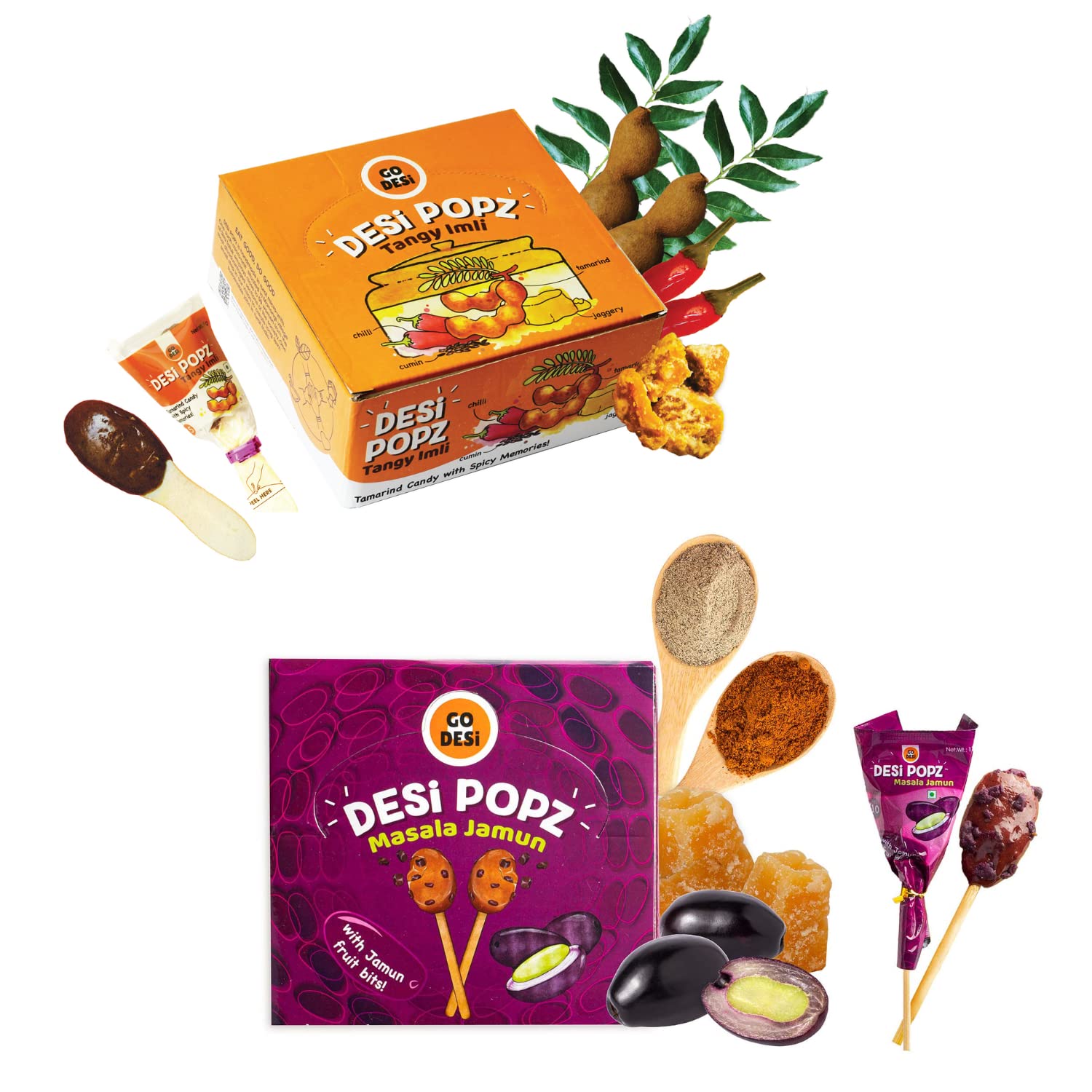 GO DESi POPz with Bitz | Masala Jamun | 50 Pcs | Fruit Snacks | Java Plum | 400 gm & GO DESi Imli Pop Tamarind & Jaggery Candy | 50 Pieces | Tangy Imli | Imli Candy | Lollipop | Digestive Candy
