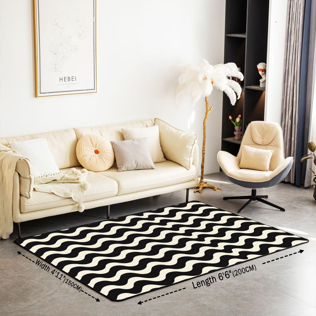 Tapis Salon 150x200cm Vague Rayures Tapis D Intérieur Et D Extérieur Noir Blanc Doux Antidérapant Moderne Géométrique pour Salon Et Chambre Art Rayé Modernee Lavable Luxe