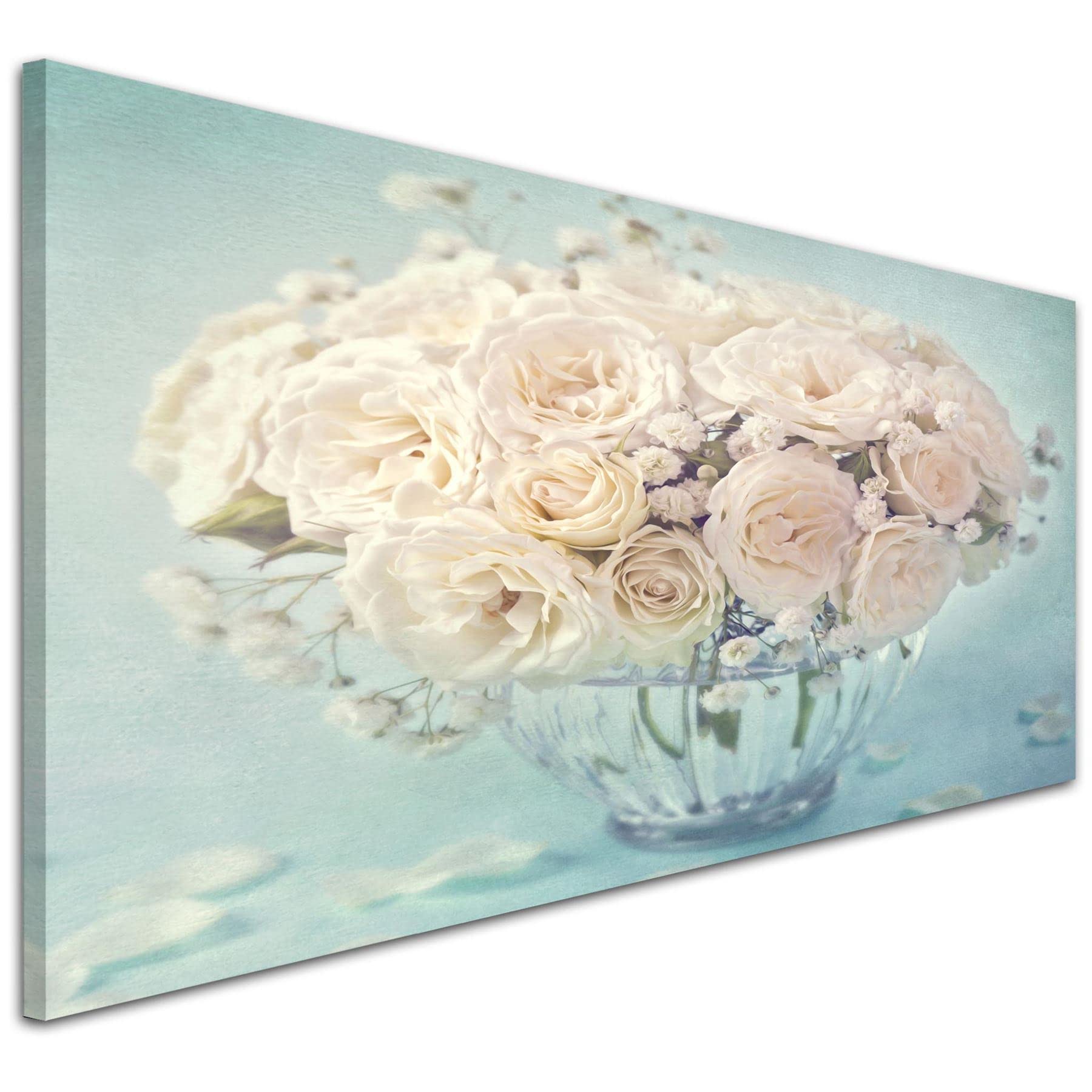 Wallfillers Duck Egg Blue & White Roses Flowers Floral Shabby Chic Canvas Modern - 1286-120x50cm
