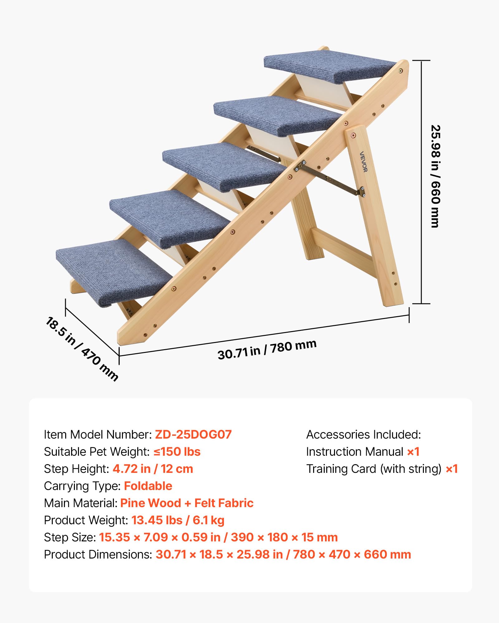 VEVOR Escalera de Madera para Mascotas, 5 Peldaños para Camas, Sofás y Coches, Carga de 68 kg, Diseño Plano y Plegable, Estable y Resistente, para Perros y Gatos Pequeños, Medianos y Grandes