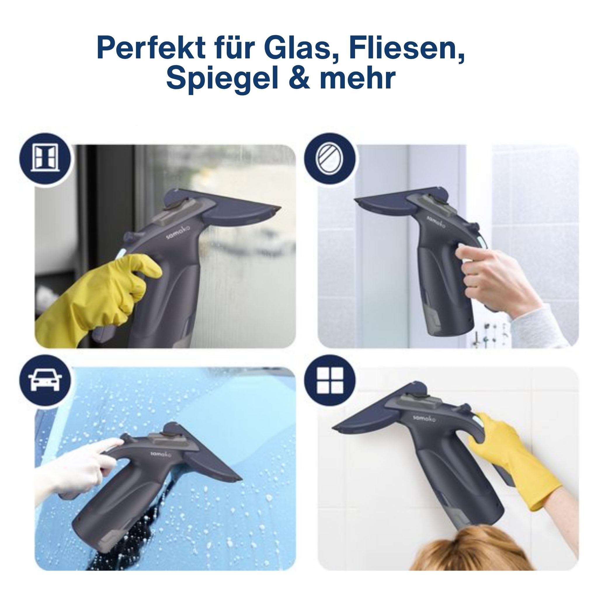 Samako CrystalClear Pulitore per finestre 3 in 1 – Aspirapolvere a batteria con funzione spray – Serbatoio rimovibile – Include 2 panni in microfibra