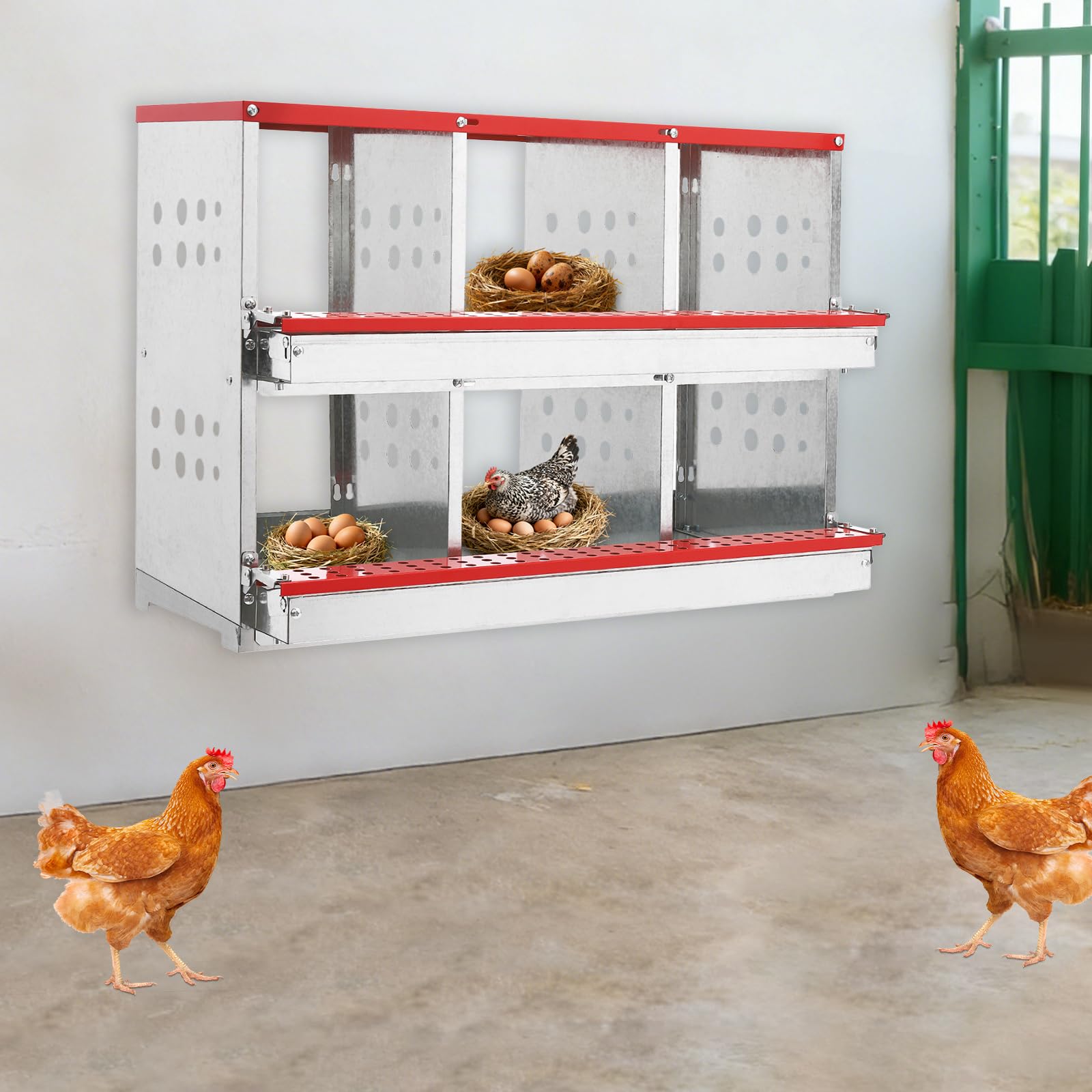 Nido para pollos, 6 compartimentos, nido galvanizado con nido de huevo y bandeja automática de huevos, aireado e inoxidable, nido de 2 niveles para gallinero, accesorios para gallinas ponedoras