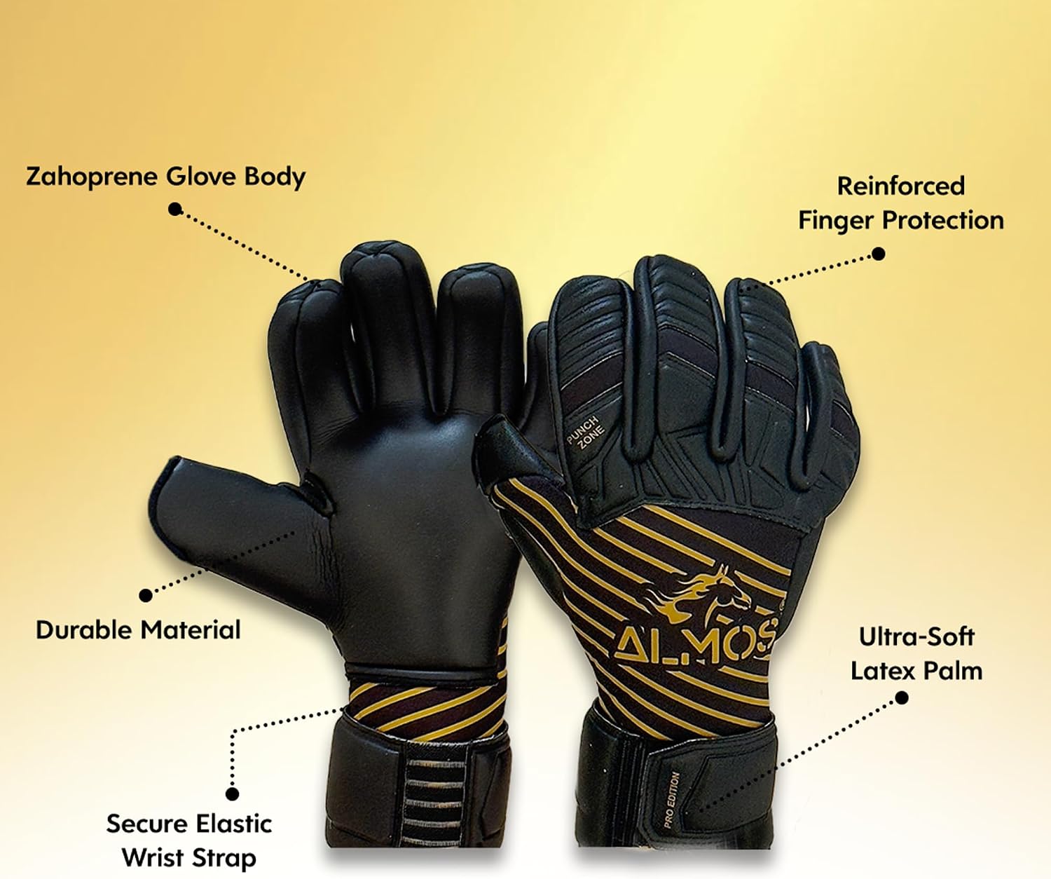 Almos Soccer Max Super Soft Reflex Goalkeeper Gloves – Goalie Gloves for Adult & Youth | Strong Grip for Toughest Saves with Finger Protection, Non-Slip Wear Resistant Latex, Black & Gold |