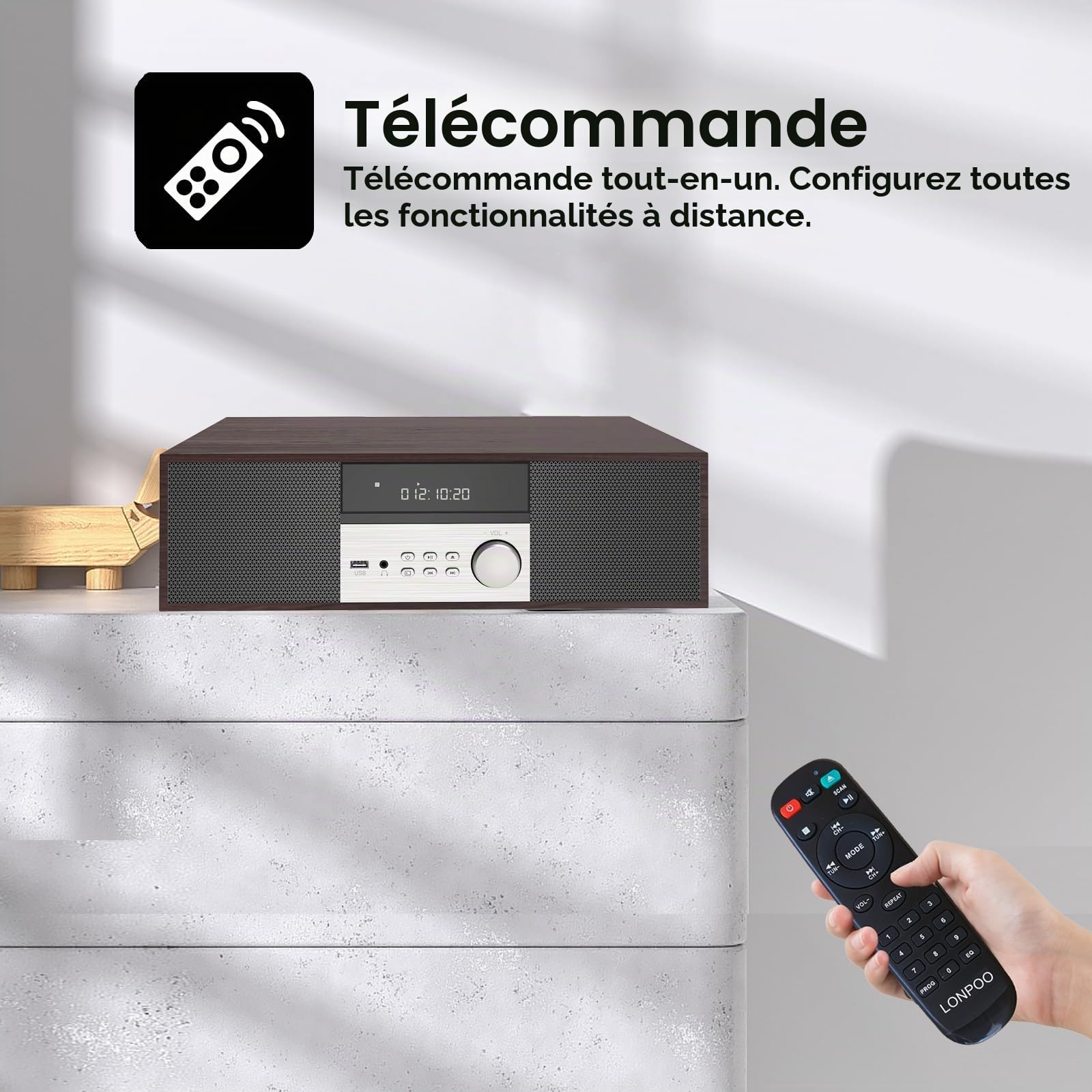 Micro Chaîne HiFi stéréo compacte - Haut-parleurs 40 Watts avec Lecteur CD, Bluetooth, Radio FM, USB, AUX-in, Grand écran LED et Bouton, télécommande (LP-816)