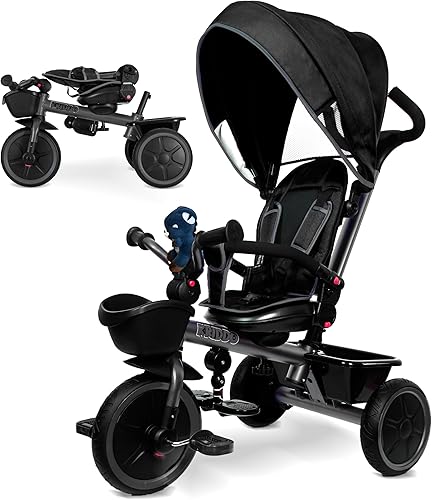 KRIDDO Carrito de triciclo 7 en 1 para niños pequeños de 18 meses a 5 años, mango de empuje ajustable, asiento giratorio, portavasos y toldo
