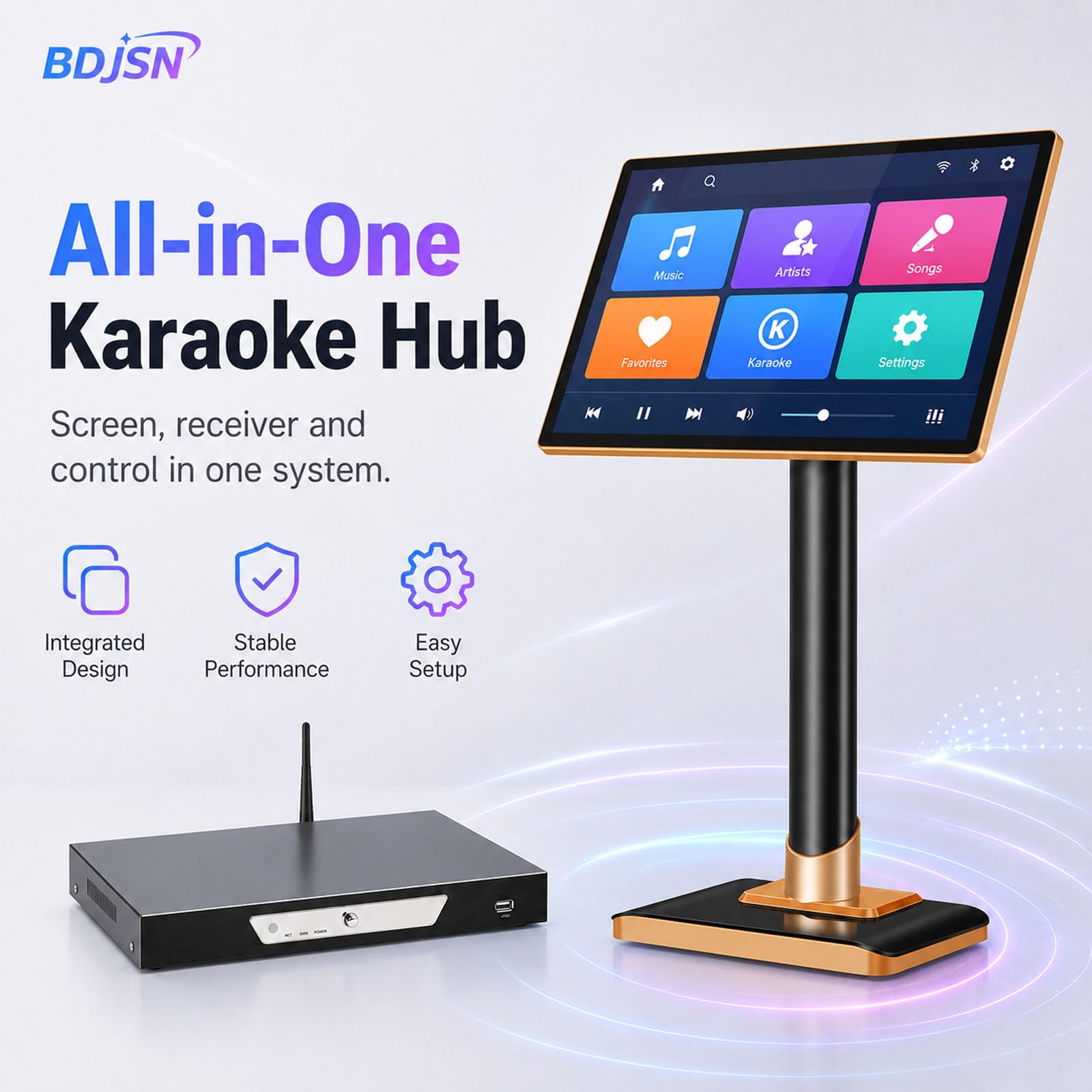 Sistema Karaoke con Schermo Touch 4k da 19 Pollici, 2 Microfoni Wireless E Ricevitore. Controllo Brani Tramite App Wi-Fi, Memoria 3 TB, Multilingue. Adatto per Casa, Bar E Feste